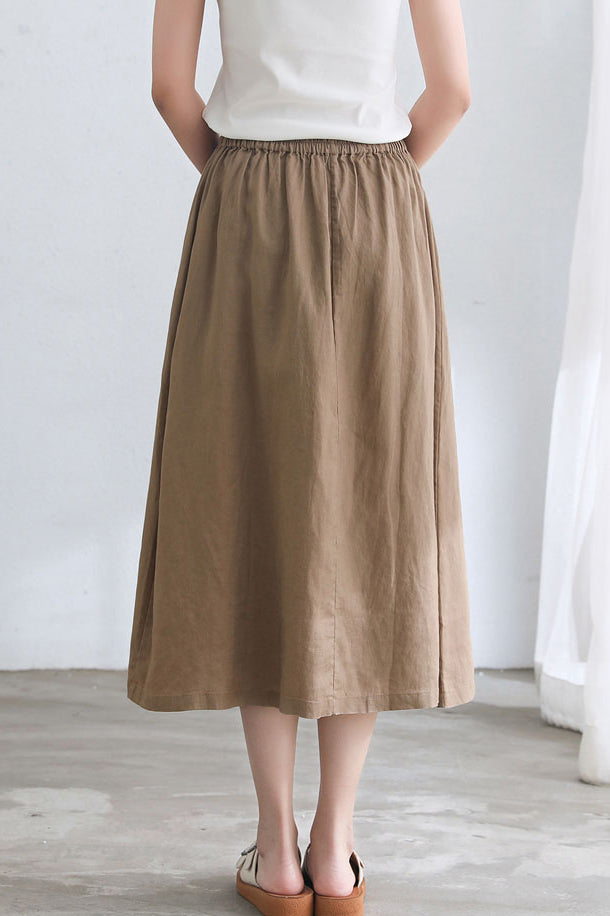 Brown Midi A Line Linen Skirt C2665 #CK2101718