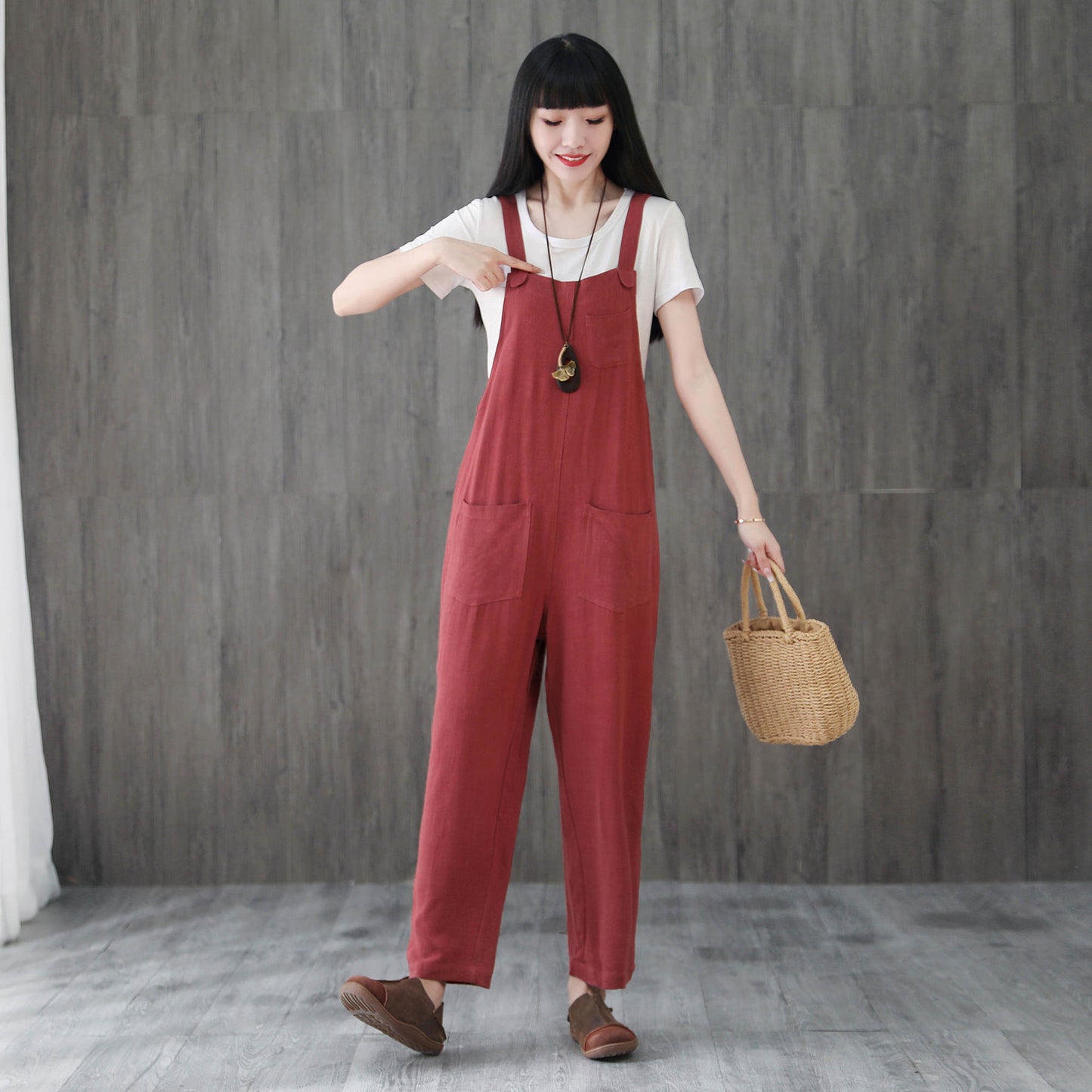 Red Casual Linen Jumpsuits C195901