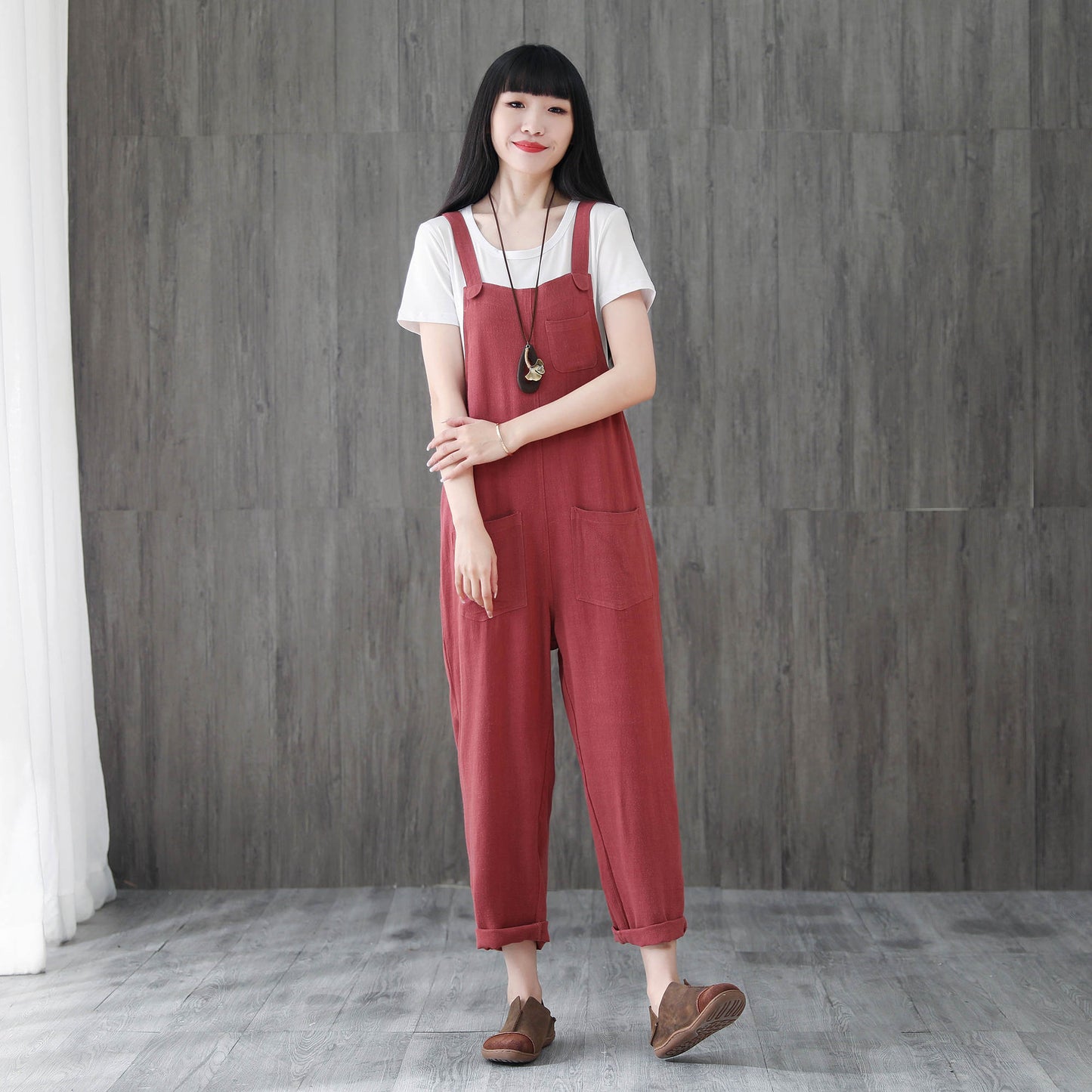 Red Casual Linen Jumpsuits C195901