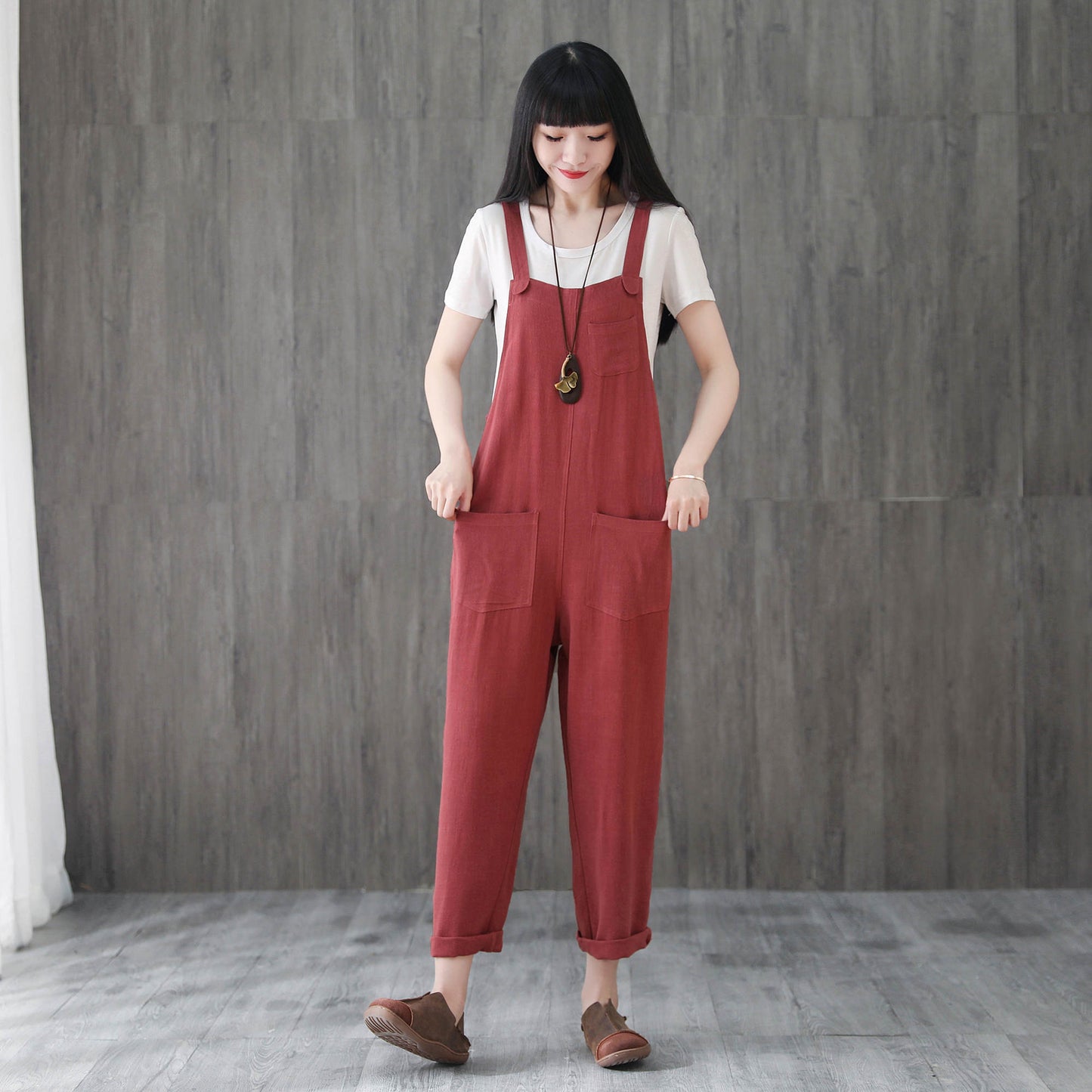Red Casual Linen Jumpsuits C195901