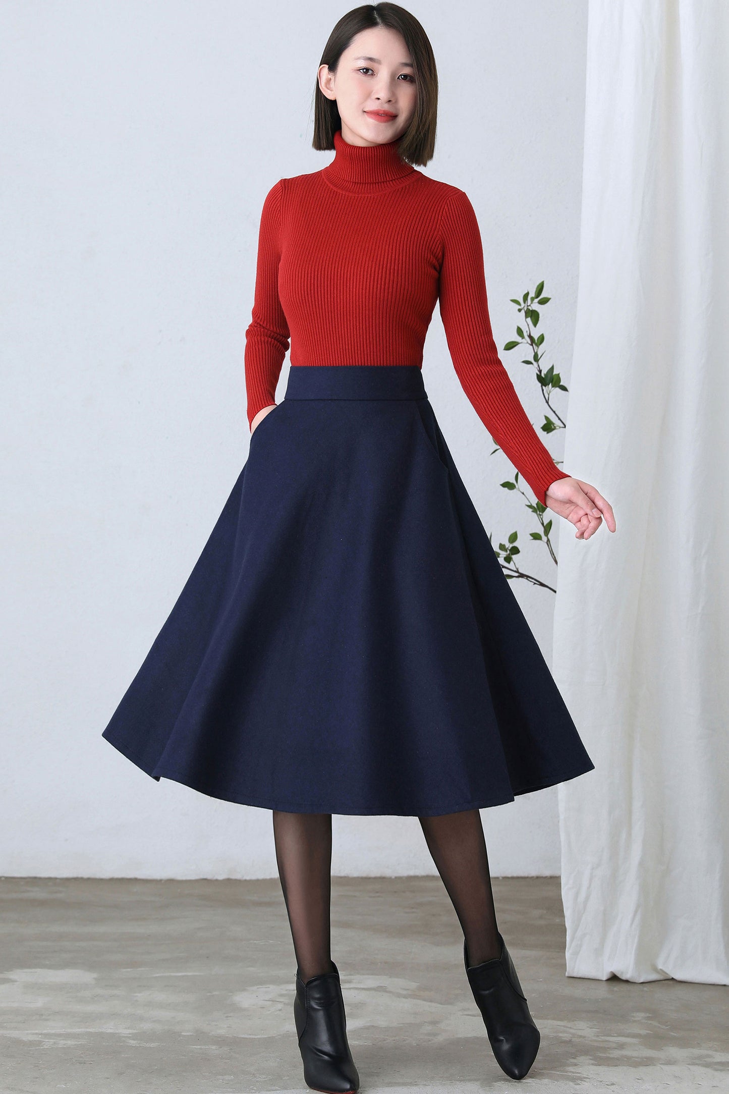 Dark Blue A Line Wool Skirt Women C2602