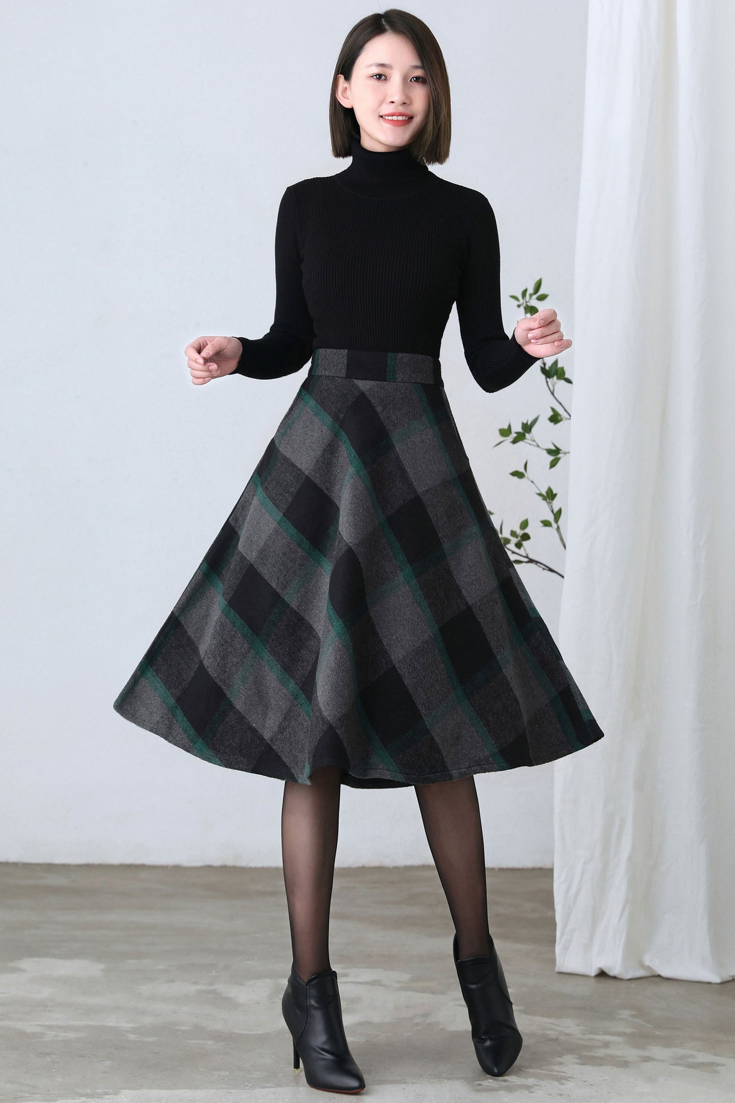 A Line Flared Midi Plaid Skirt Women C2603