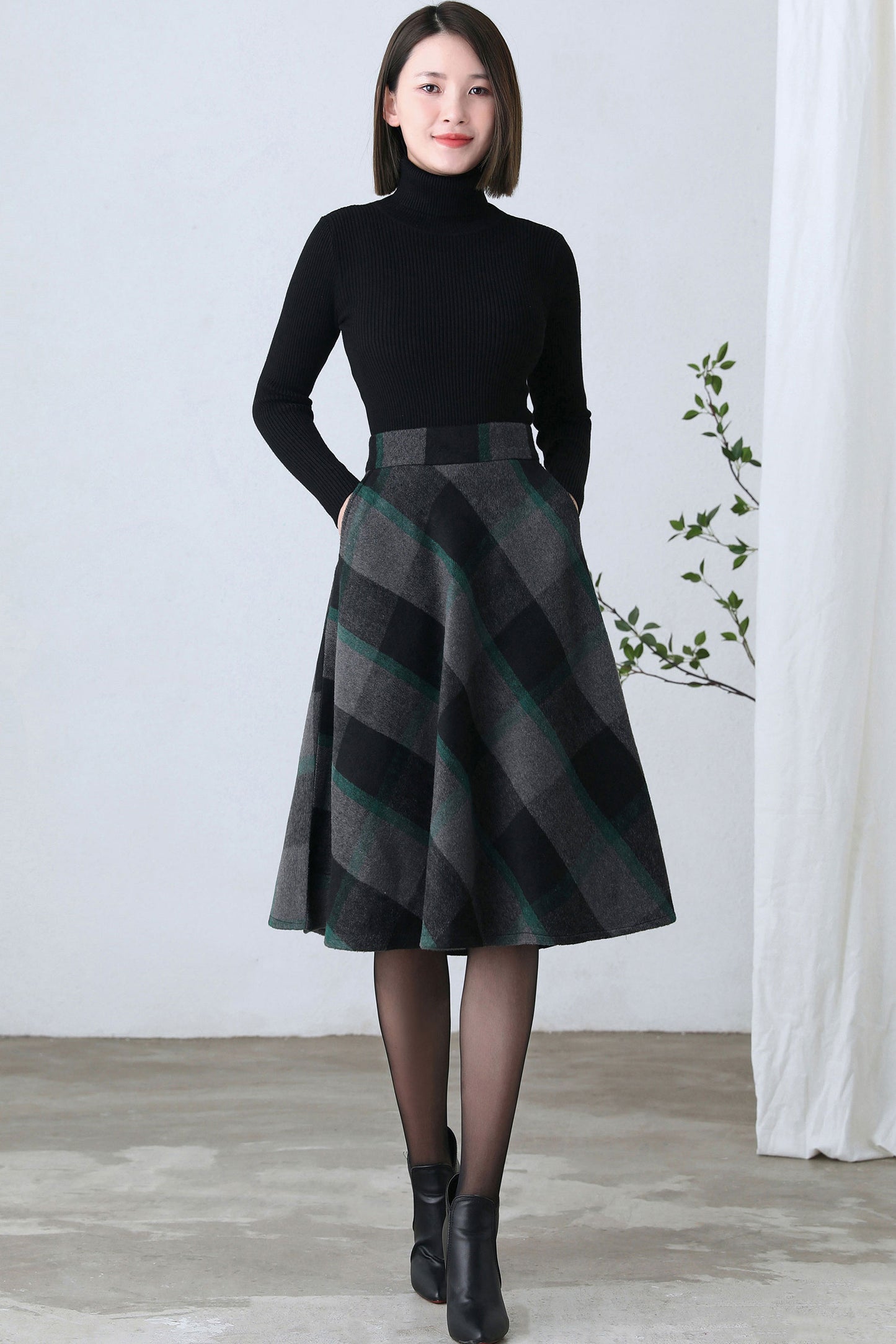 A Line Flared Midi Plaid Skirt Women C2603