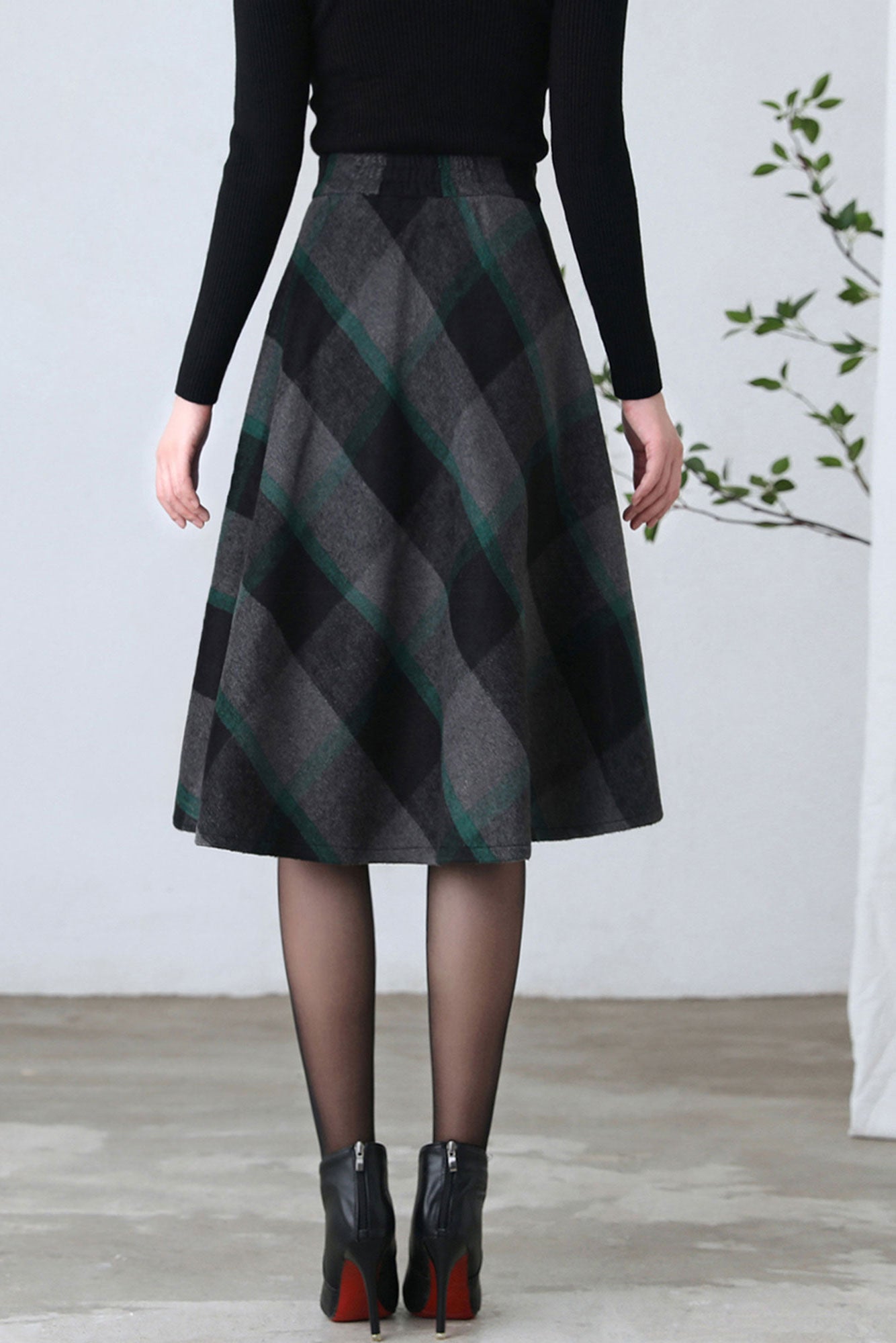 A Line Flared Midi Plaid Skirt Women C2603