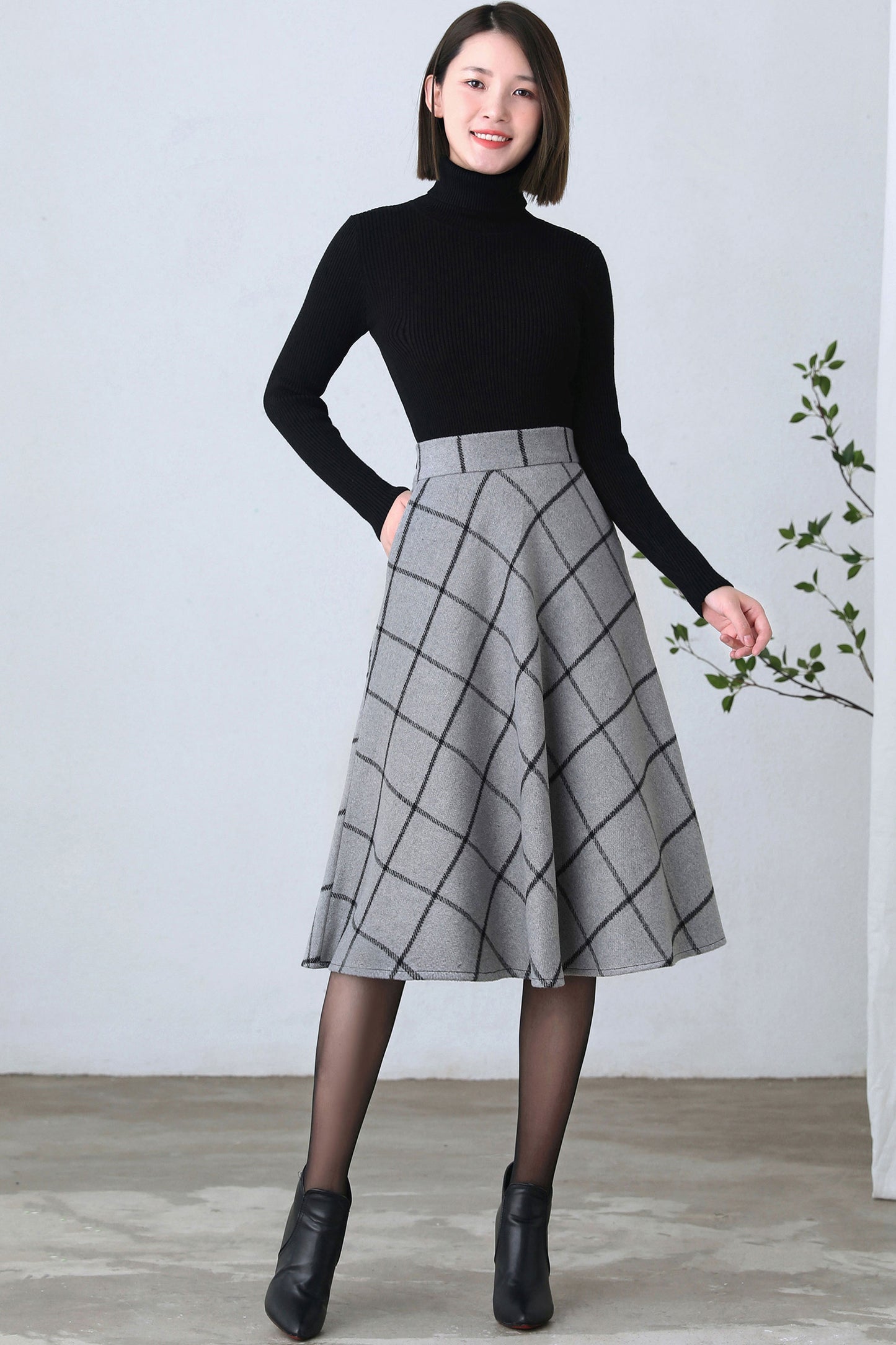Swing Wool Plaid Midi Skirt Women C2605