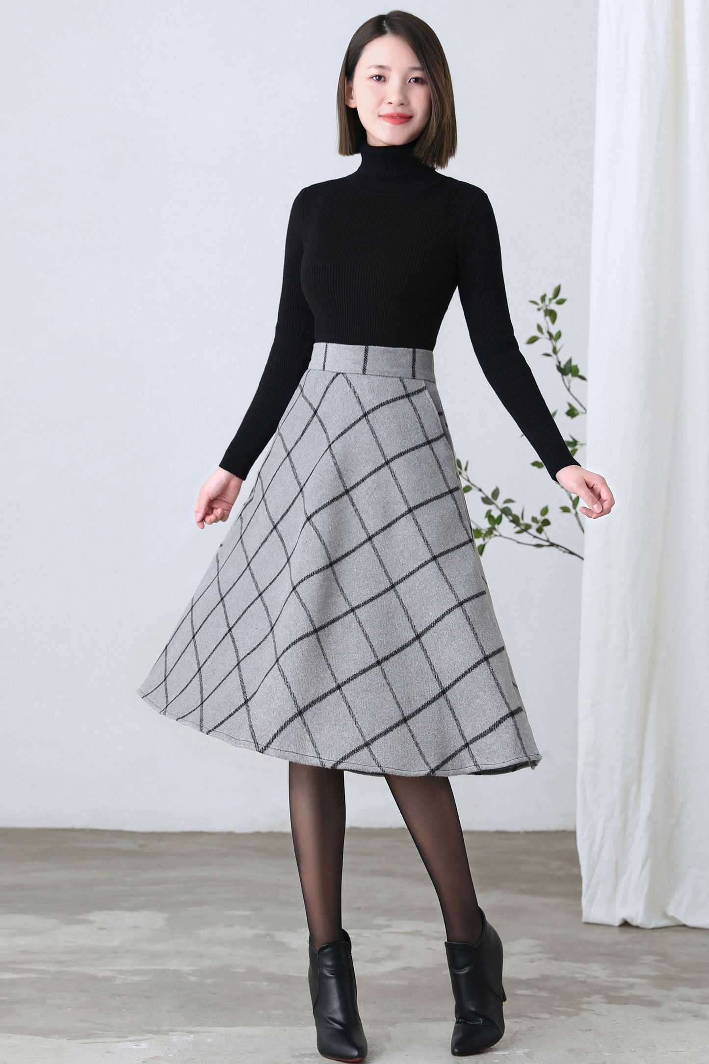 Swing Wool Plaid Midi Skirt Women C2605