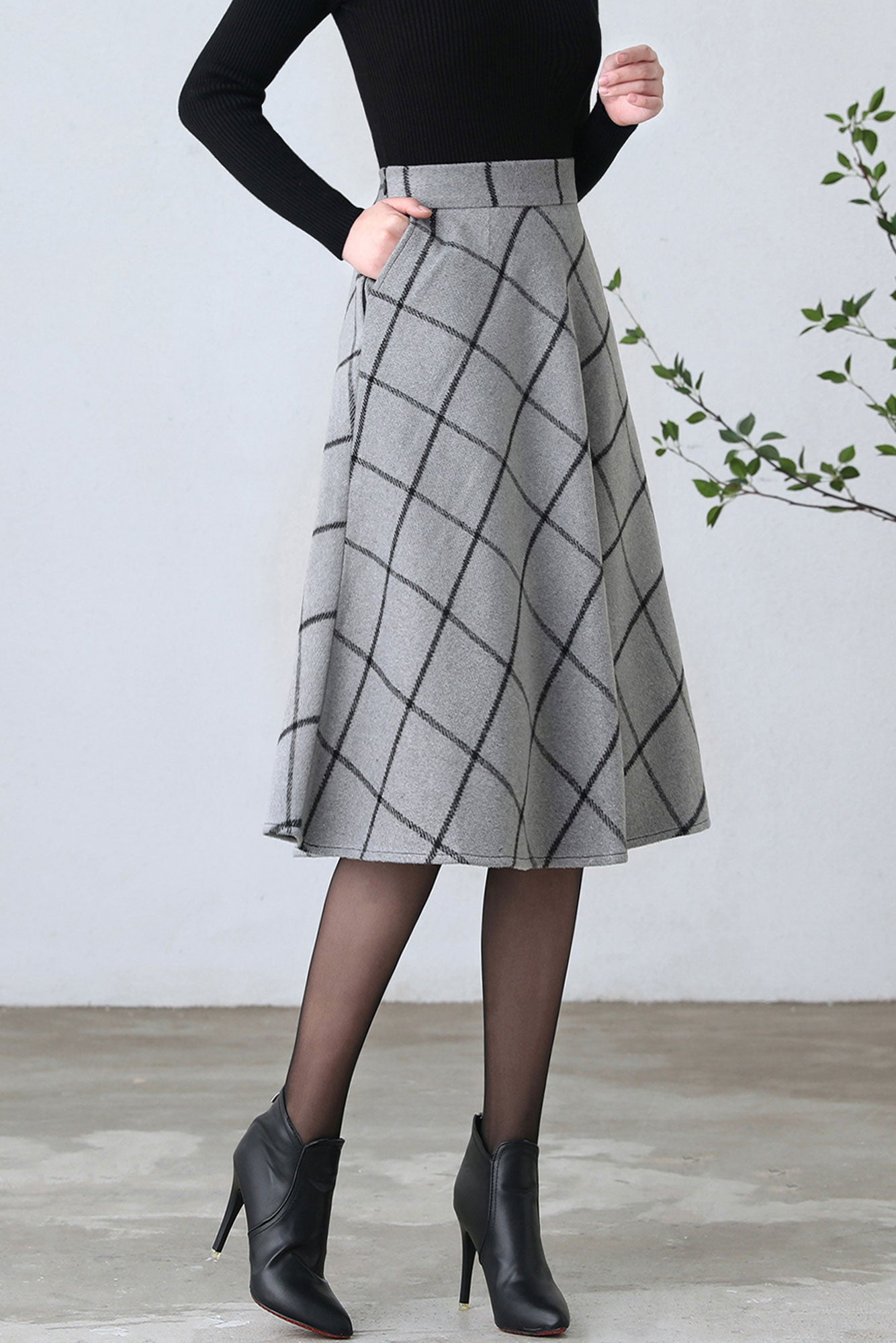 Swing Wool Plaid Midi Skirt Women C2605