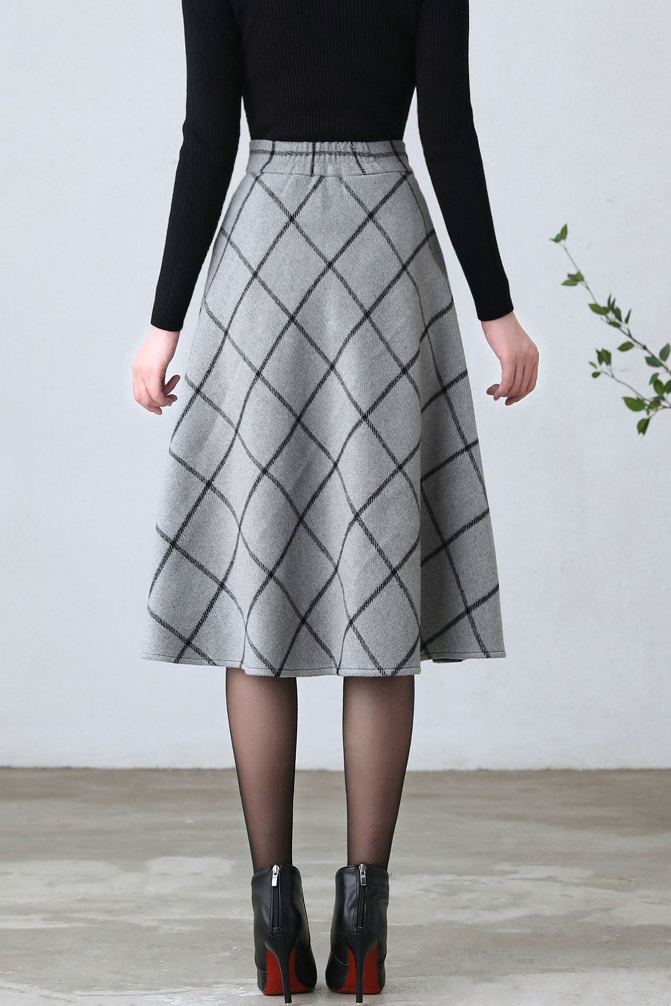Swing Wool Plaid Midi Skirt Women C2605