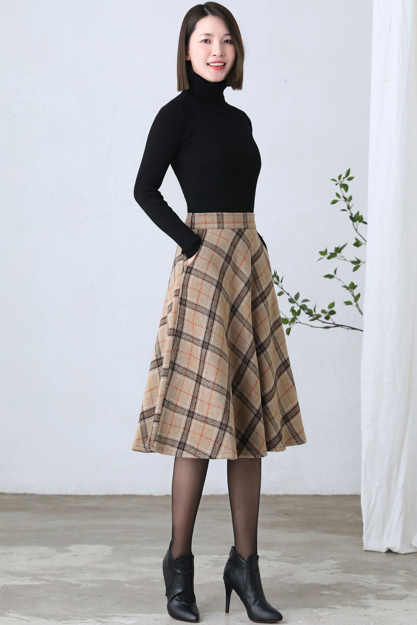 1950s Inspired Midi Wool Plaid Skirt C4356
