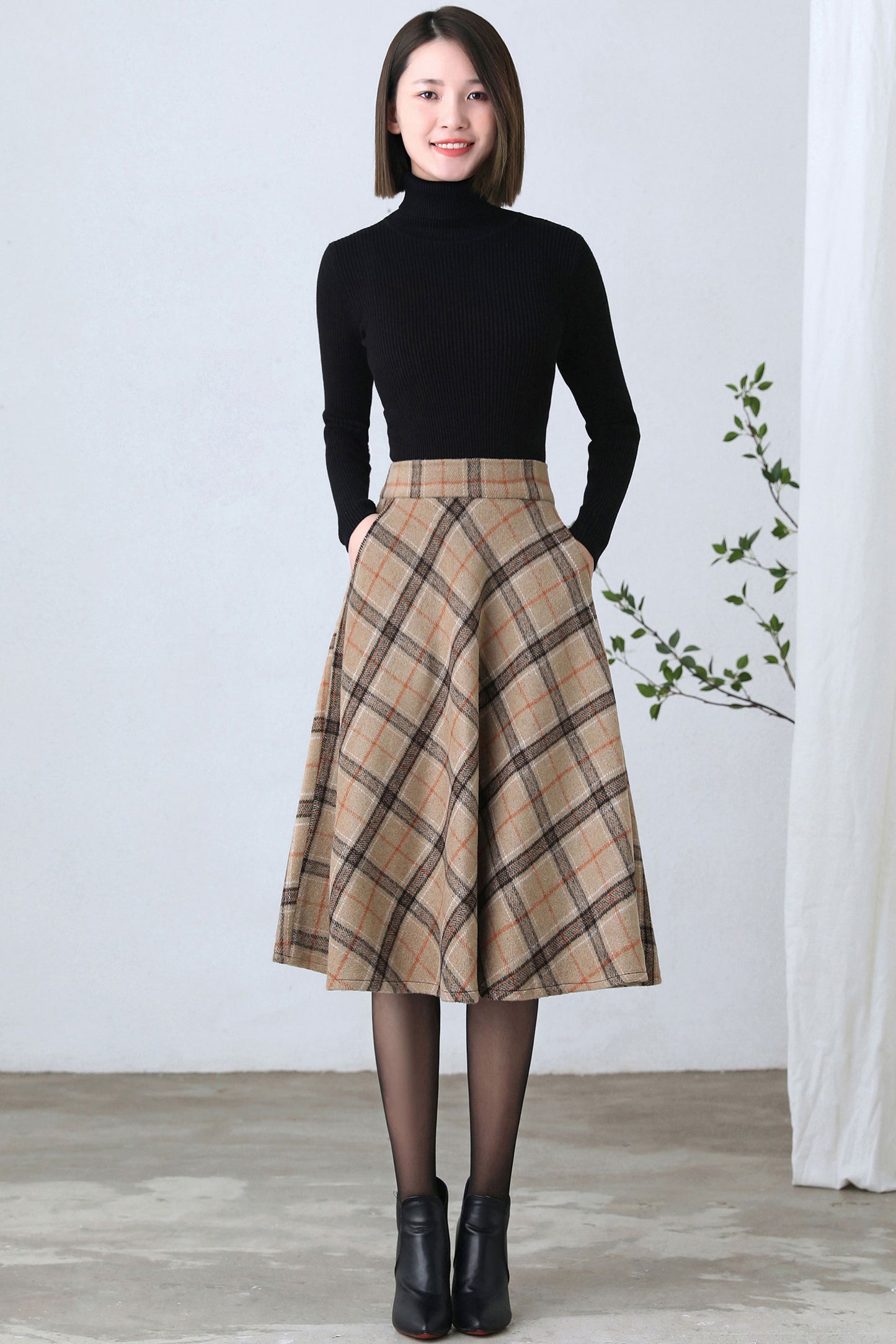 1950s Inspired Midi Wool Plaid Skirt C4356