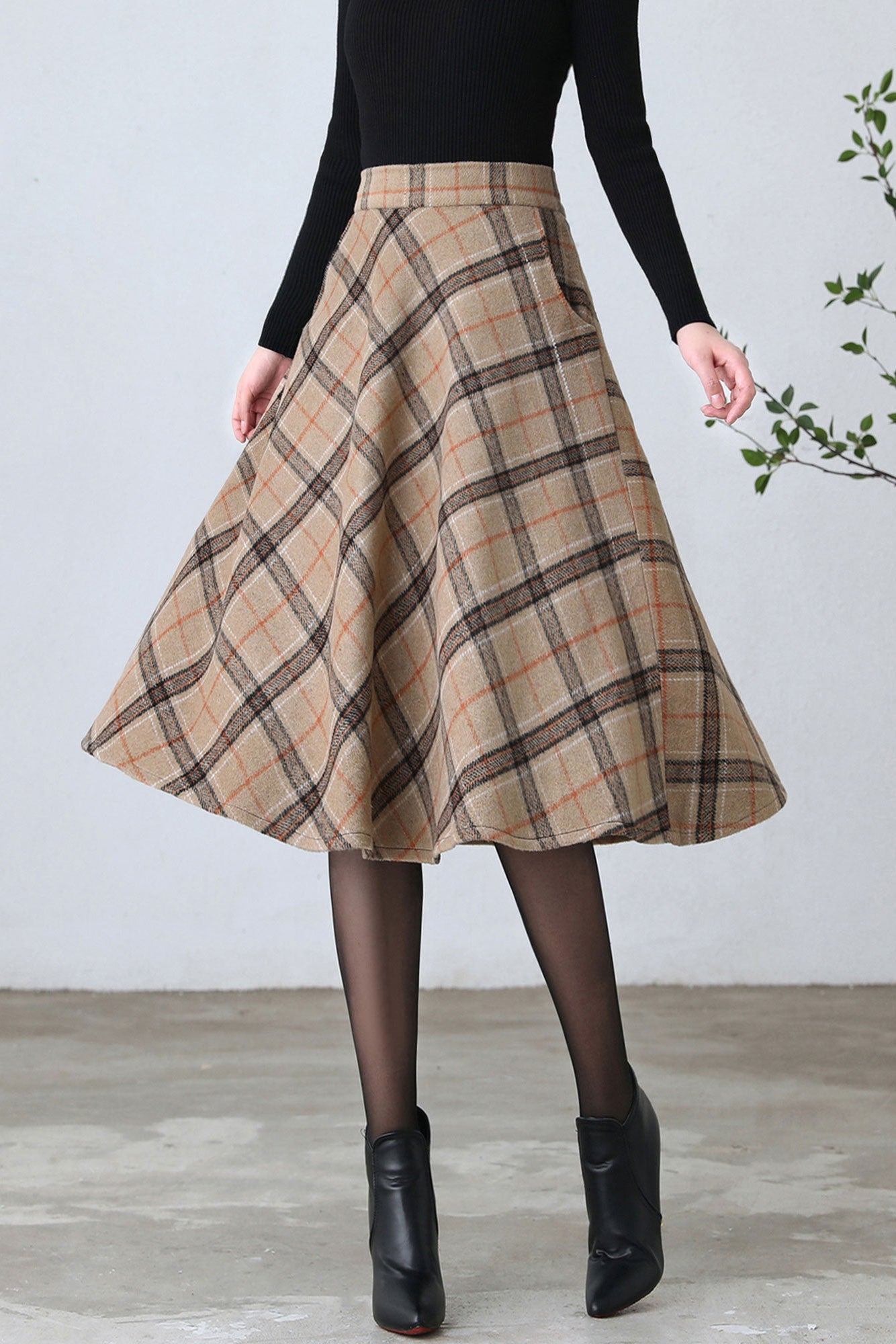1950s Inspired Midi Wool Plaid Skirt C4356