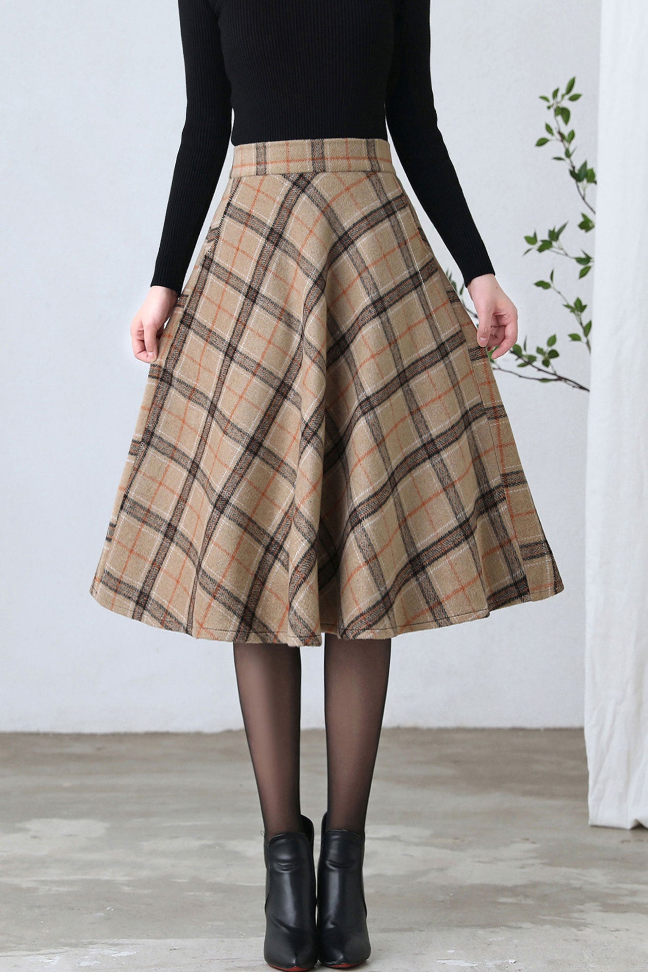 1950s Inspired Midi Wool Plaid Skirt C4356