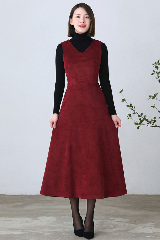 Red Corduroy Maxi Pinafore Dress - Fitted Silhouette C2608
