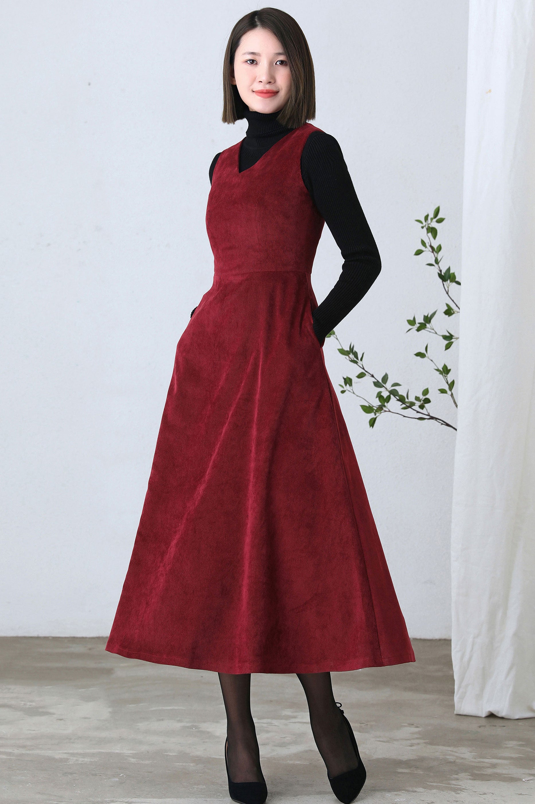 V Neck Fitted Maxi Pinafore Corduroy Dress C2608 YLISTYLE V Neck Fitted Maxi Pinafore Corduroy Dress C2608 YLISTYLE