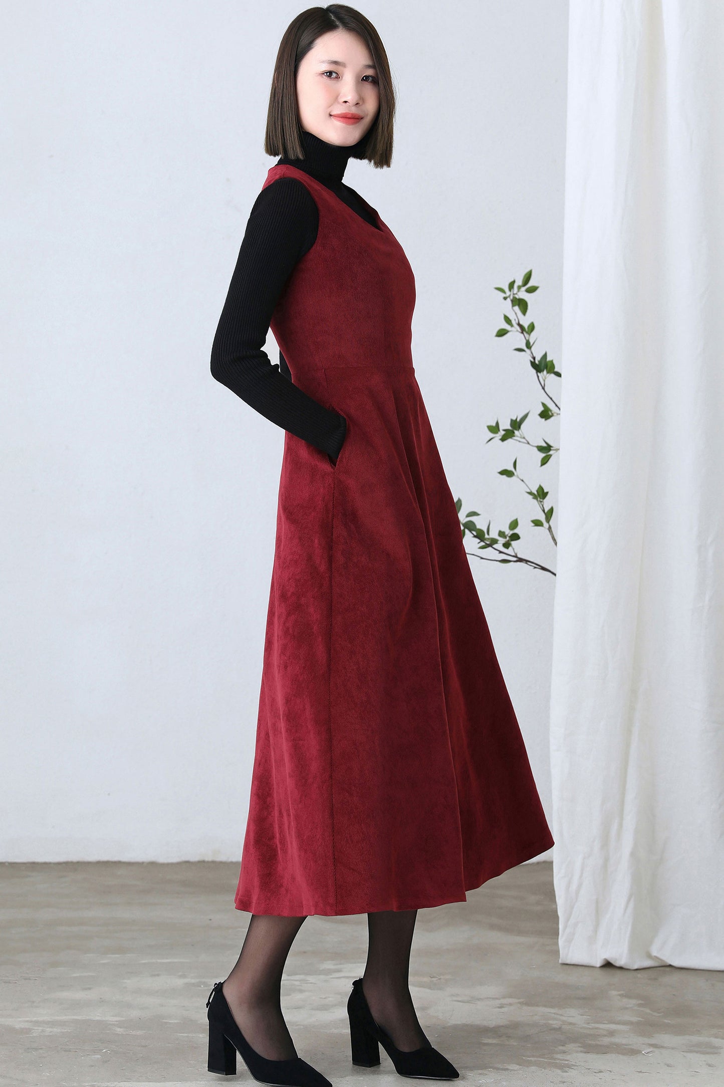 V Neck Fitted Maxi Pinafore Corduroy Dress C2608
