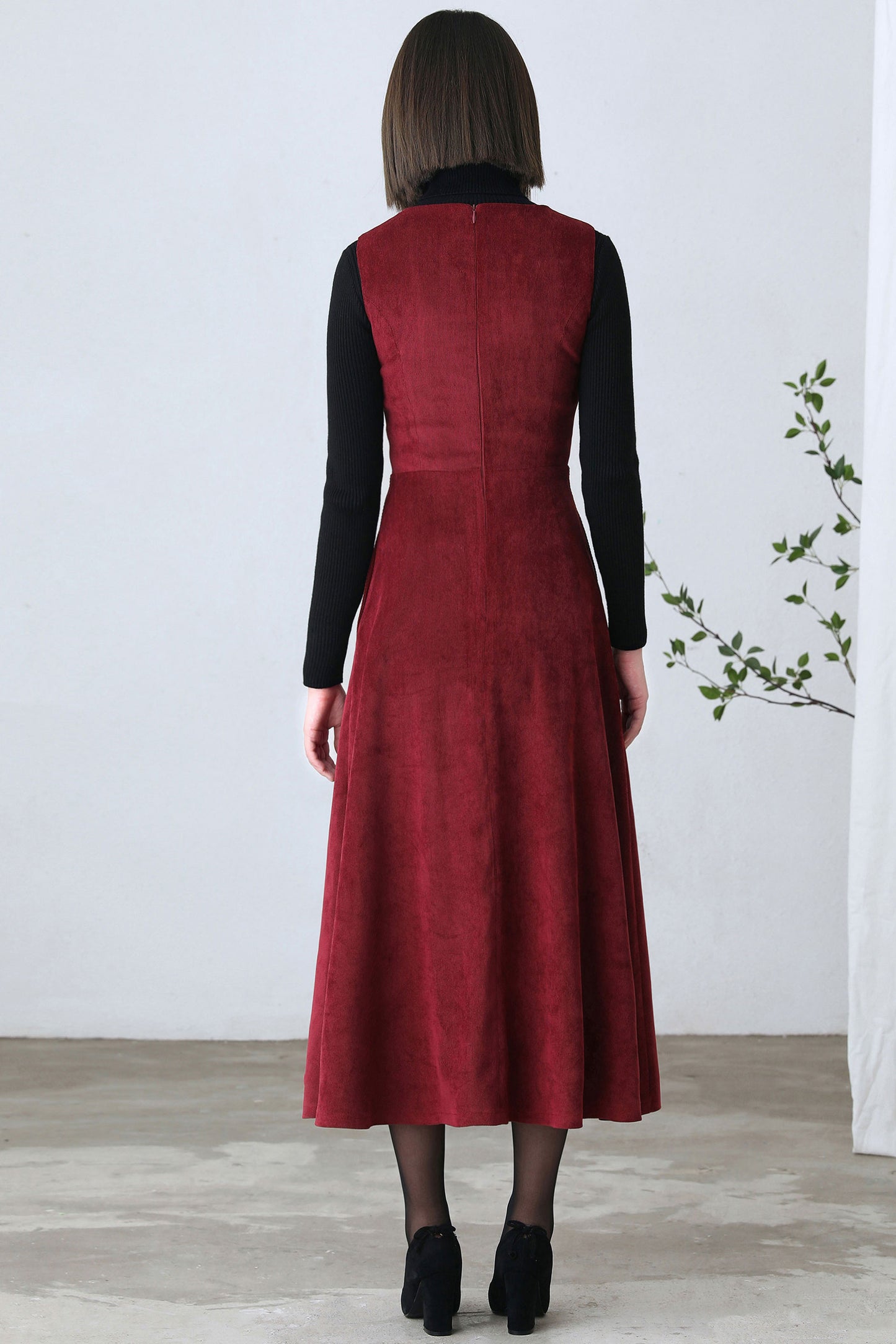 V Neck Fitted Maxi Pinafore Corduroy Dress C2608