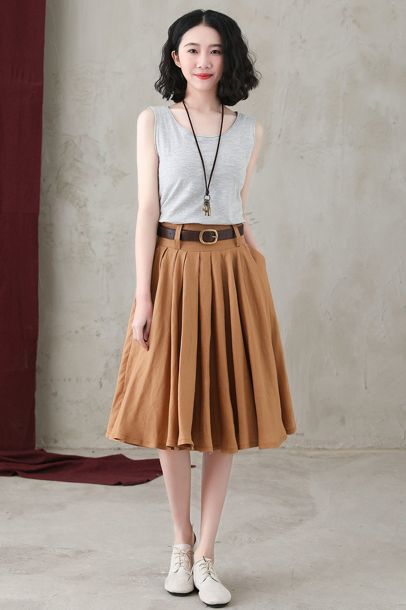 Causal Pleated Swing Linen Skirt C2734-Size XS #CK2200583