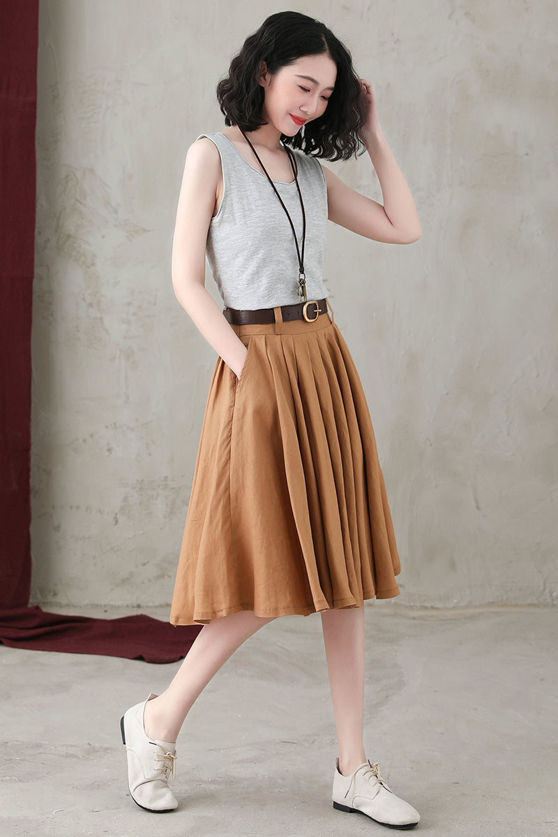 Causal Pleated Swing Linen Skirt C2734-Size XS #CK2200583