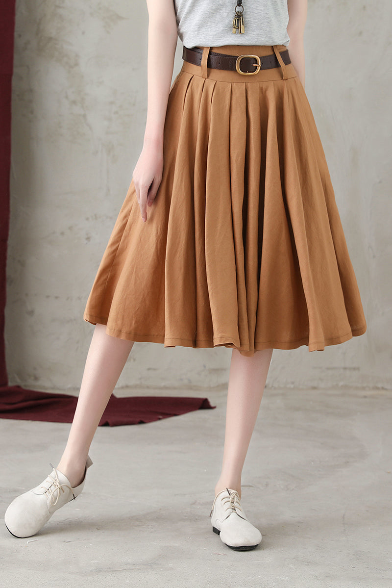 Causal Pleated Swing Linen Skirt C2734-Size XS #CK2200583