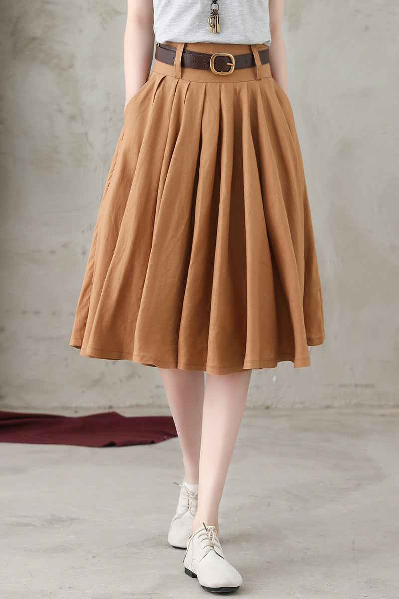 Causal Pleated Swing Linen Skirt C2734-Size XS #CK2200583