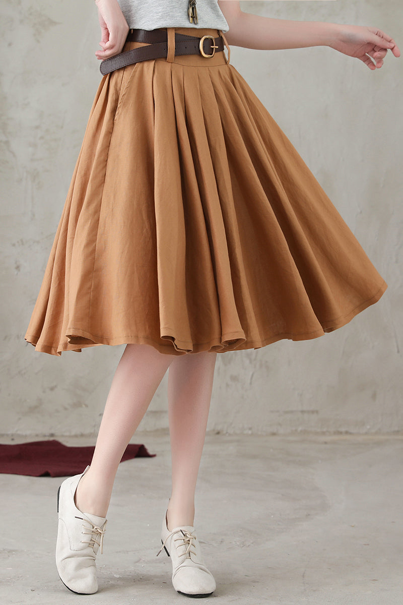 Causal Pleated Swing Linen Skirt C2734-Size XS #CK2200583