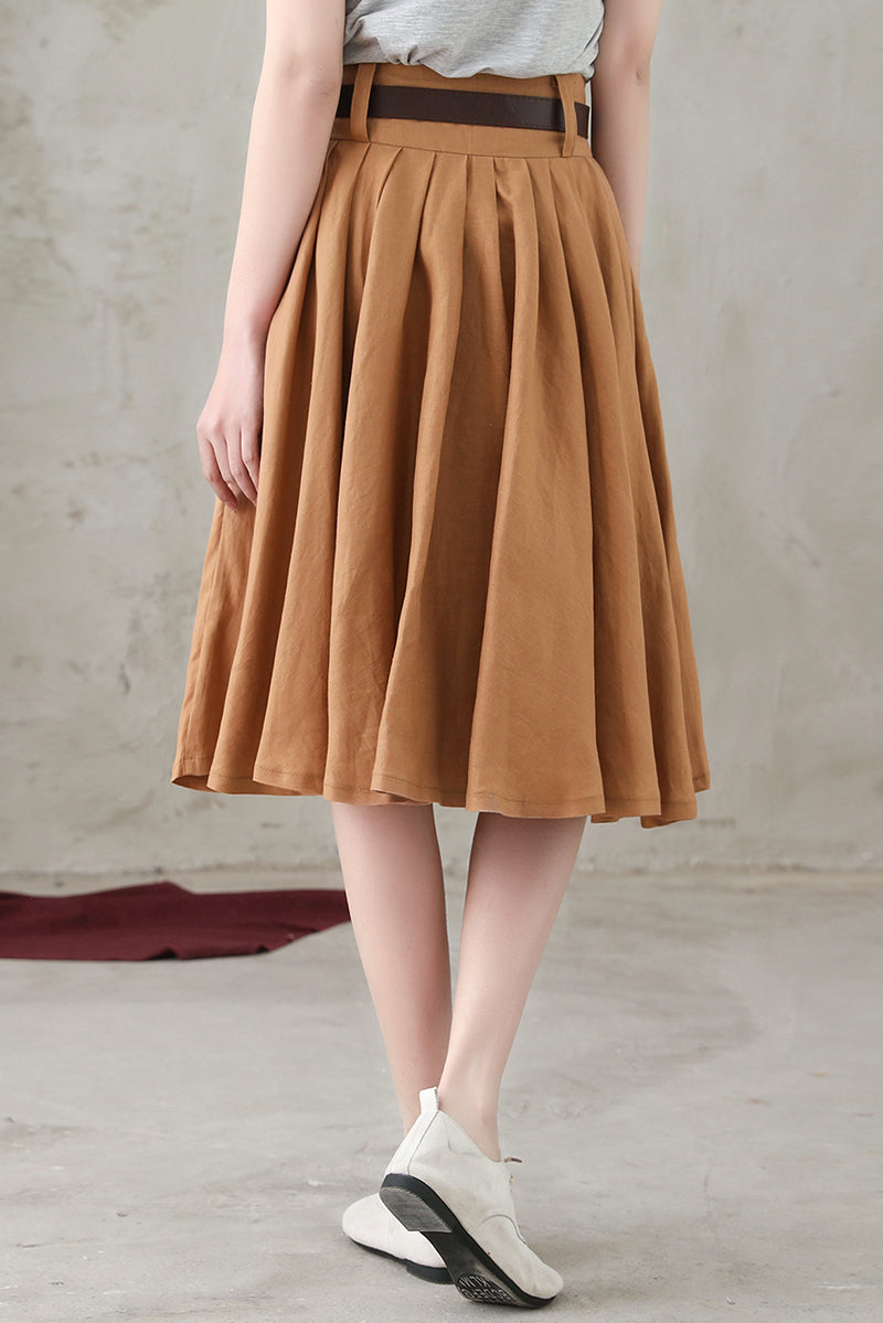 Causal Pleated Swing Linen Skirt C2734-Size XS #CK2200583