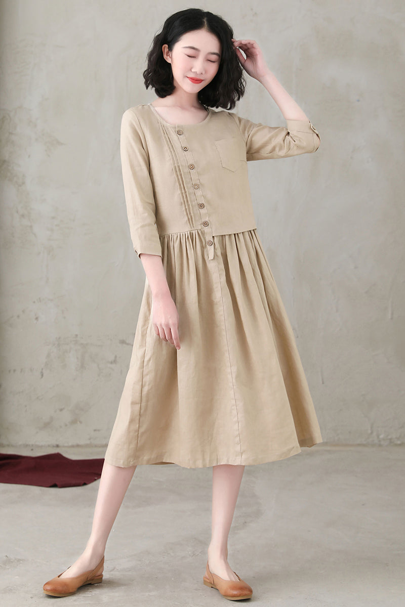 Khaki Women Asymmetrical Linen Maxi Dress C2739#CK2200559