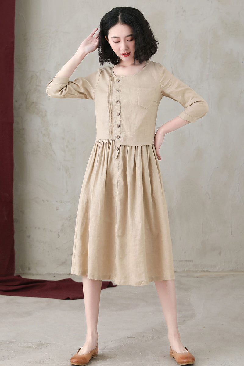 Khaki Women Asymmetrical Linen Maxi Dress C2739#CK2200559