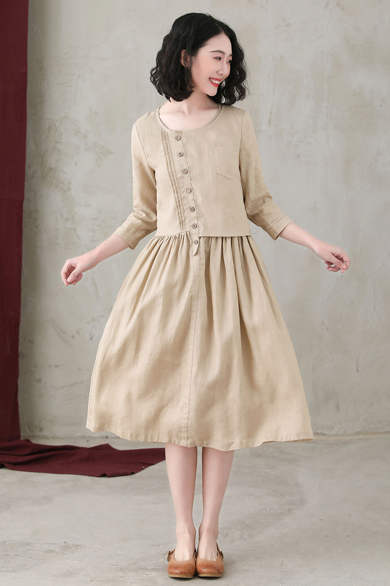 Khaki Women Asymmetrical Linen Maxi Dress C2739#CK2200559