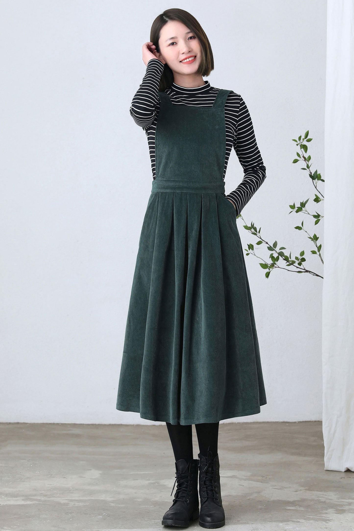 Dark Green Pleated Corduroy Pinafore Dress C4359