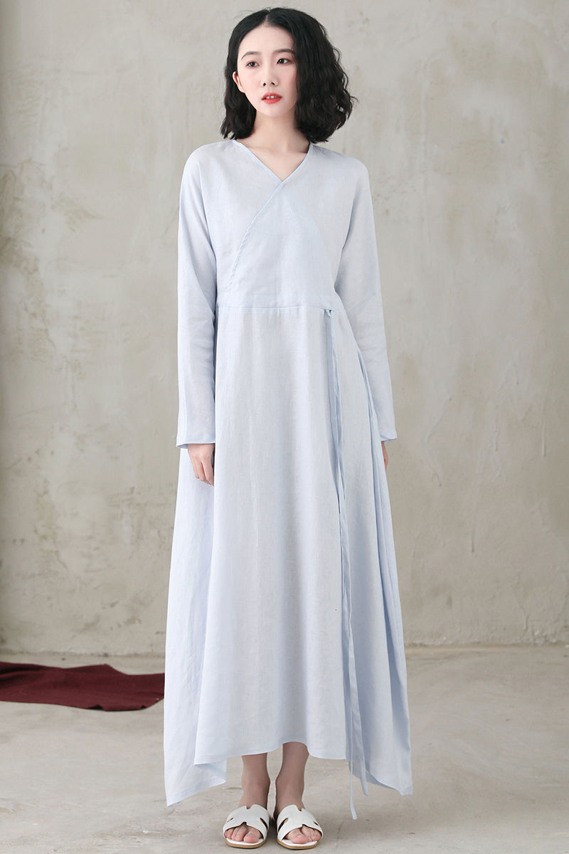 Spring Summer Long Sleeve Casual Maxi Linen Dress C2741#CK2200556