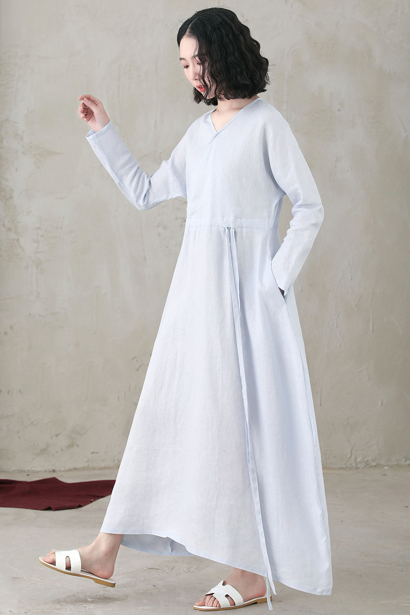 Spring Summer Long Sleeve Casual Maxi Linen Dress C2741#CK2200556