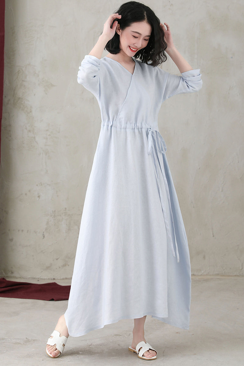 Spring Summer Long Sleeve Casual Maxi Linen Dress C2741#CK2200556