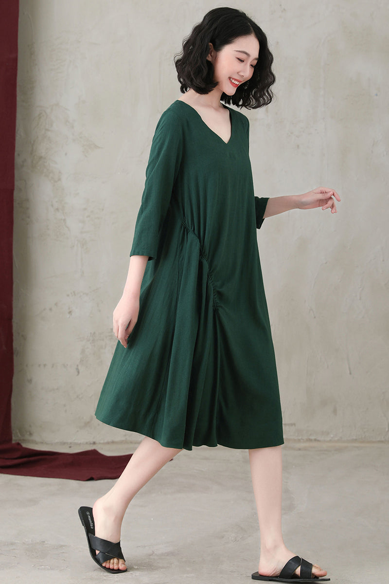 Summer Women Casual Green Linen A-line Dress C2742#CK2200550