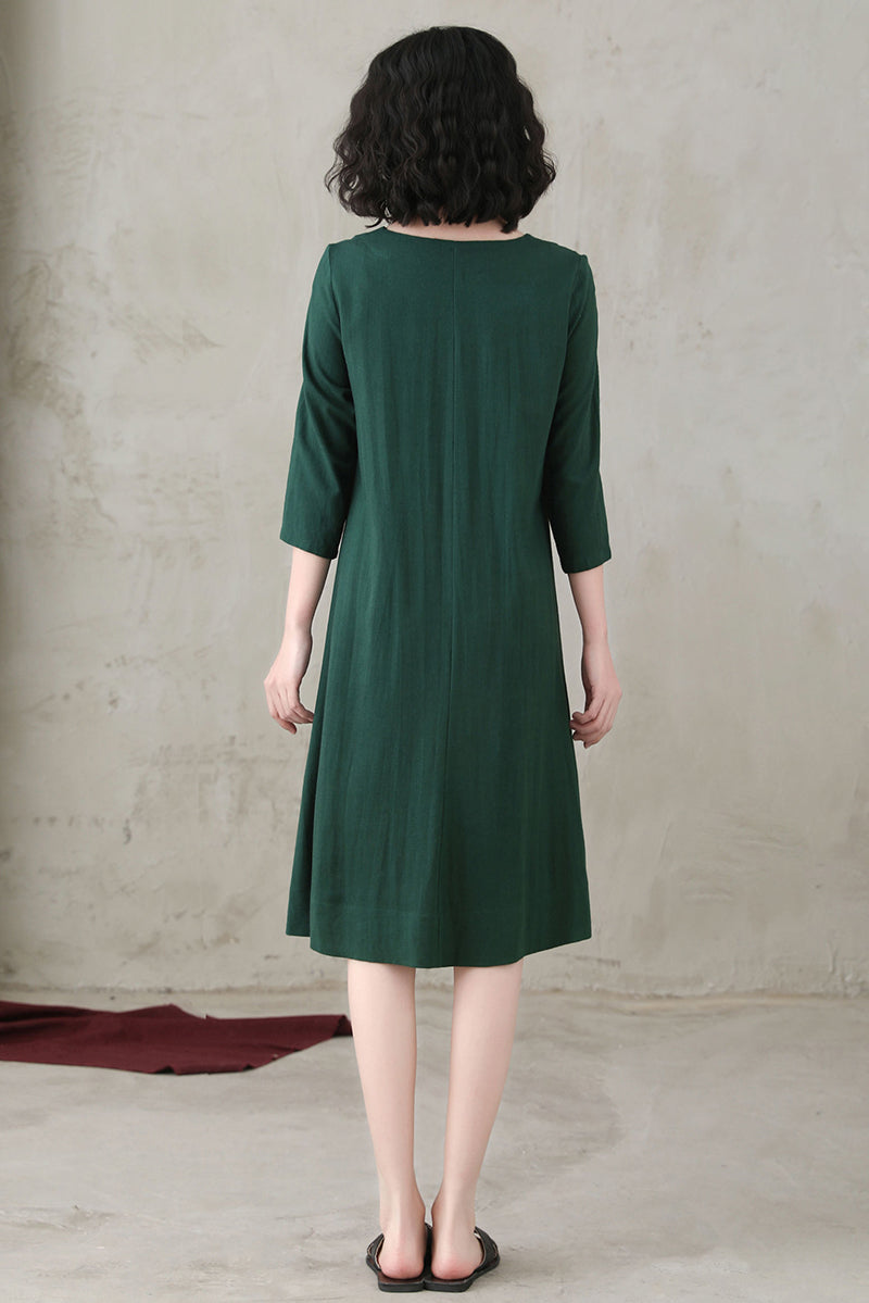 Summer Women Casual Green Linen A-line Dress C2742#CK2200550