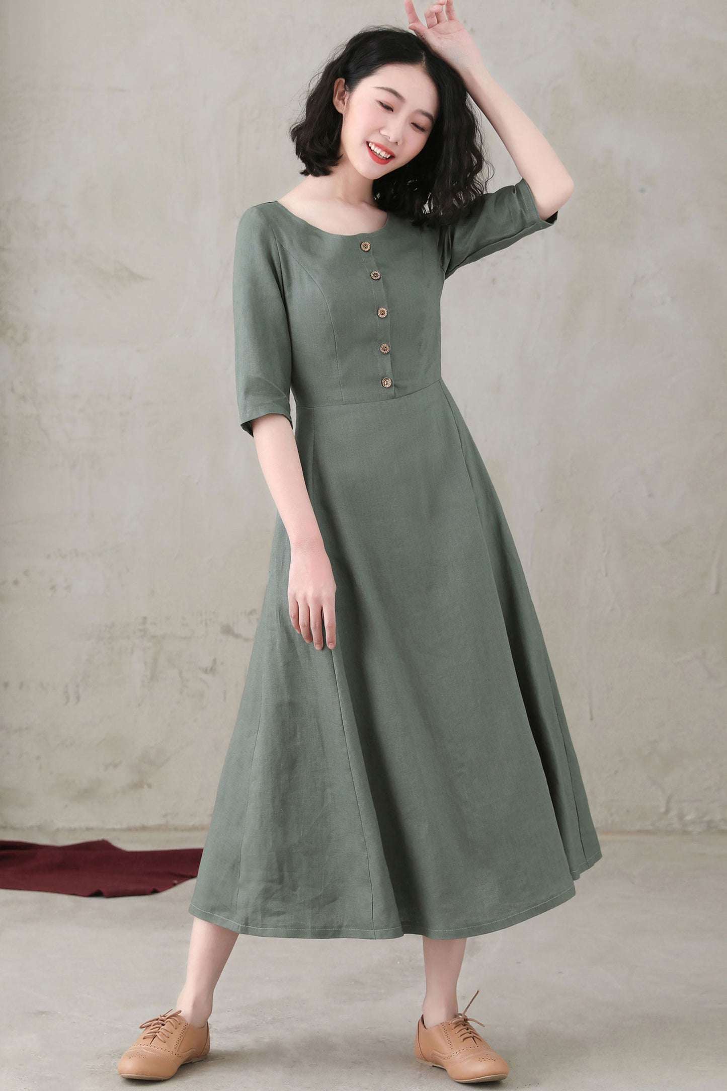 Summer Women Half Sleeve Long Linen Dress C2745#CK2200568
