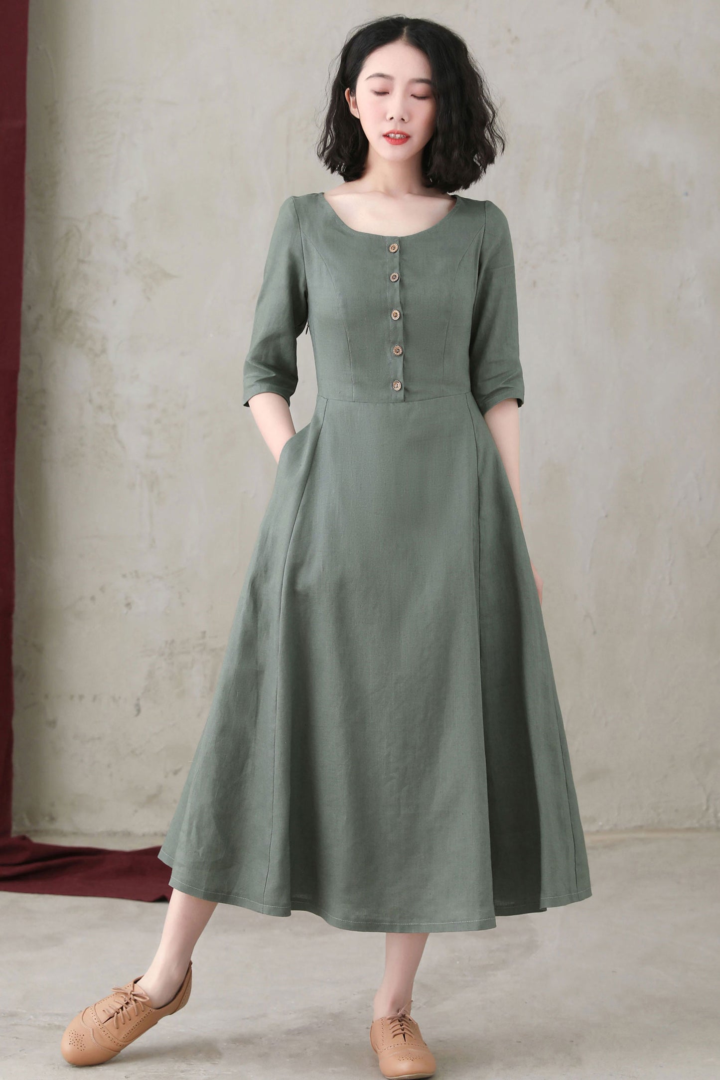 Summer Women Half Sleeve Long Linen Dress C2745#CK2200568