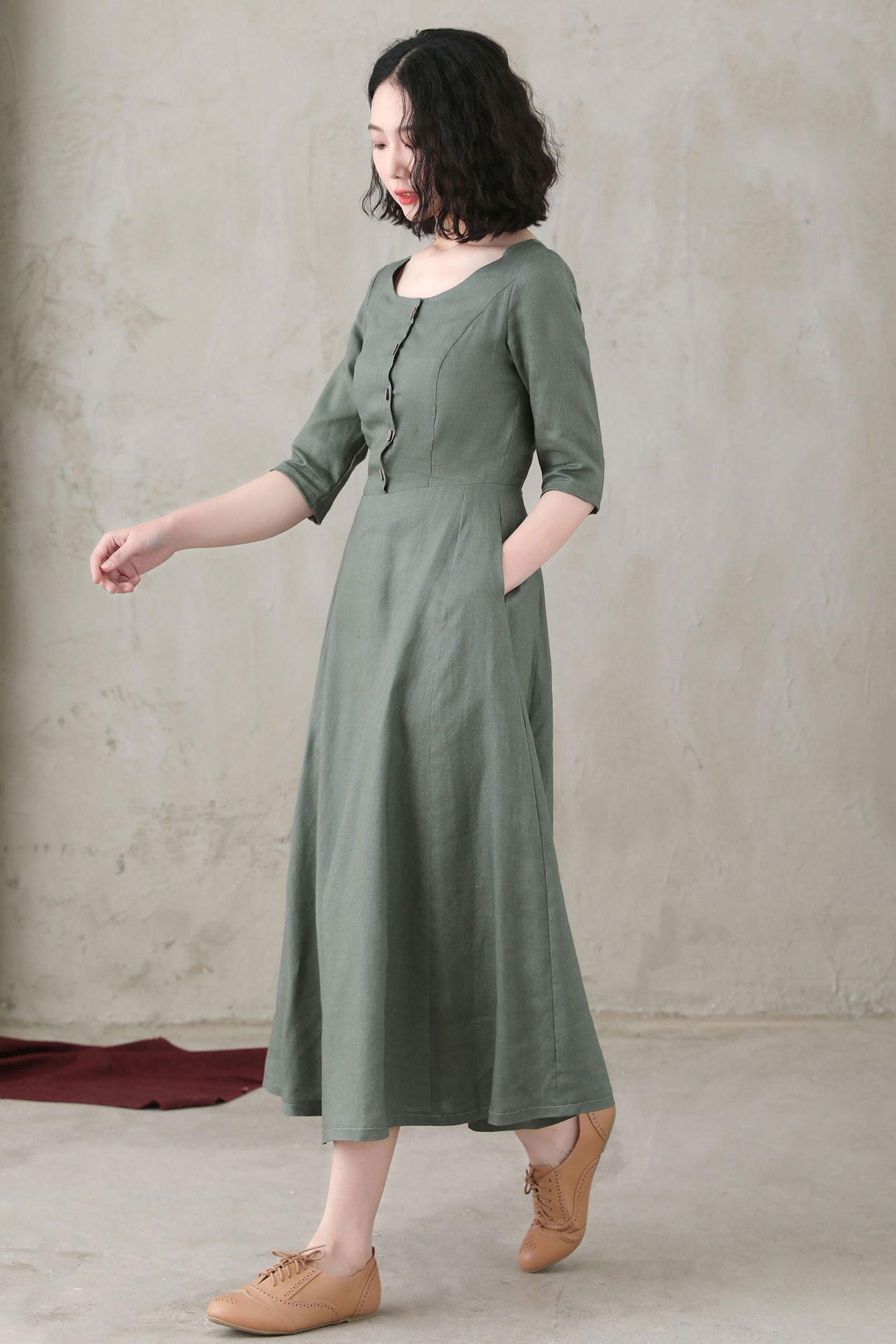 Summer Women Half Sleeve Long Linen Dress C2745#CK2200568
