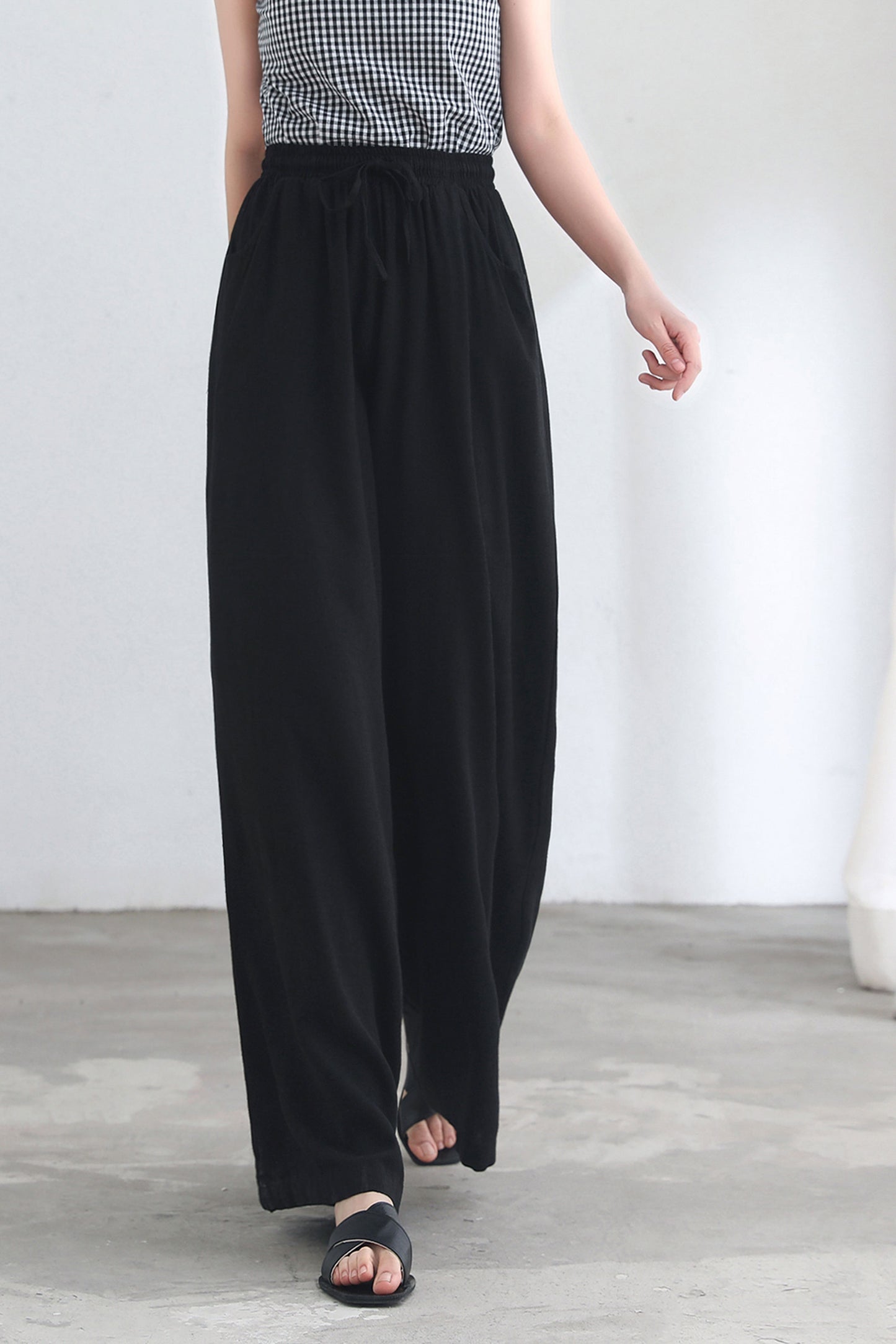 Black Causal Palazzo Linen Pants for Women C2686
