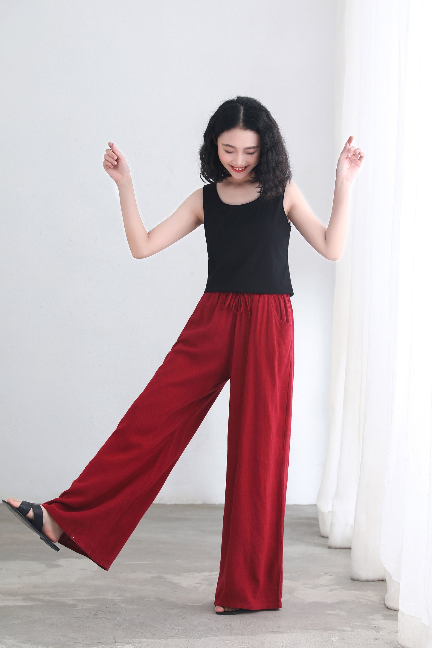 High Waist Long Linen Wide Leg Pants C2687