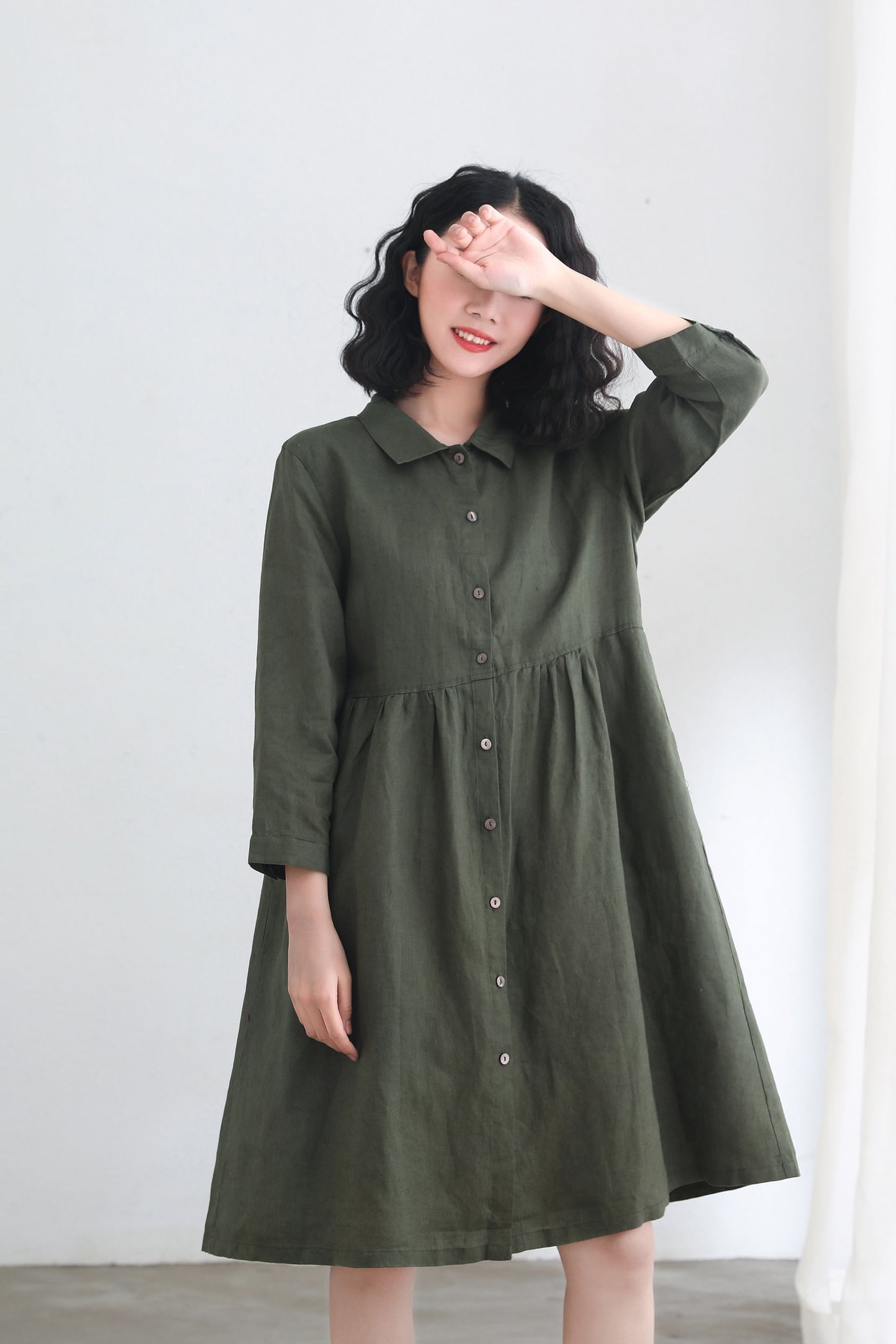 Army green Long Sleeve linen cardigan dress C2693