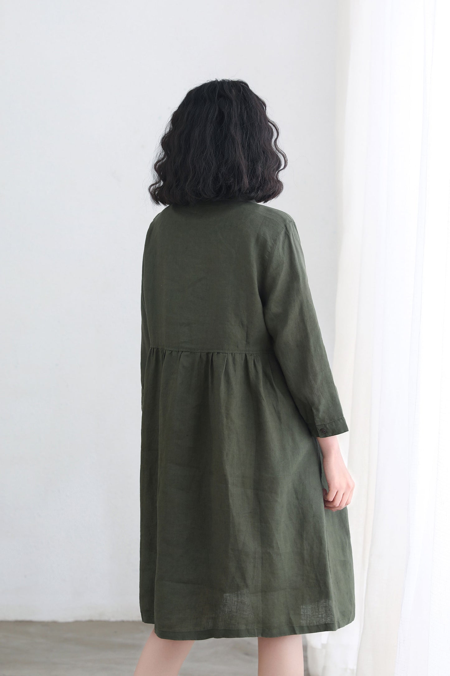 Army green Long Sleeve linen cardigan dress C2693