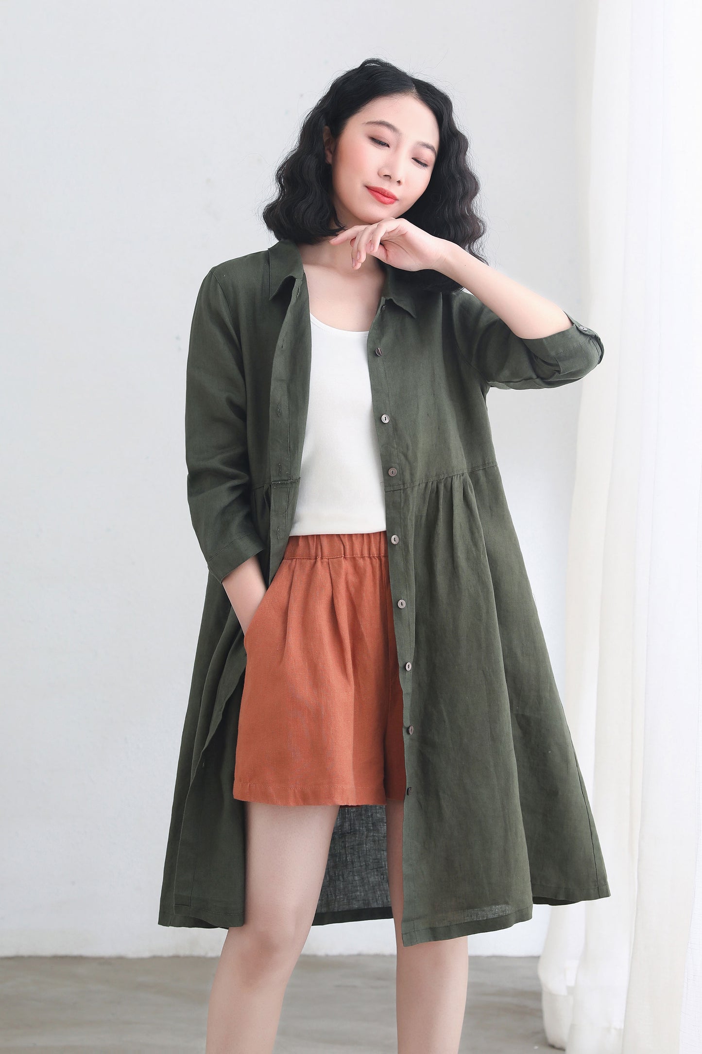 Army green Long Sleeve linen cardigan dress C2693