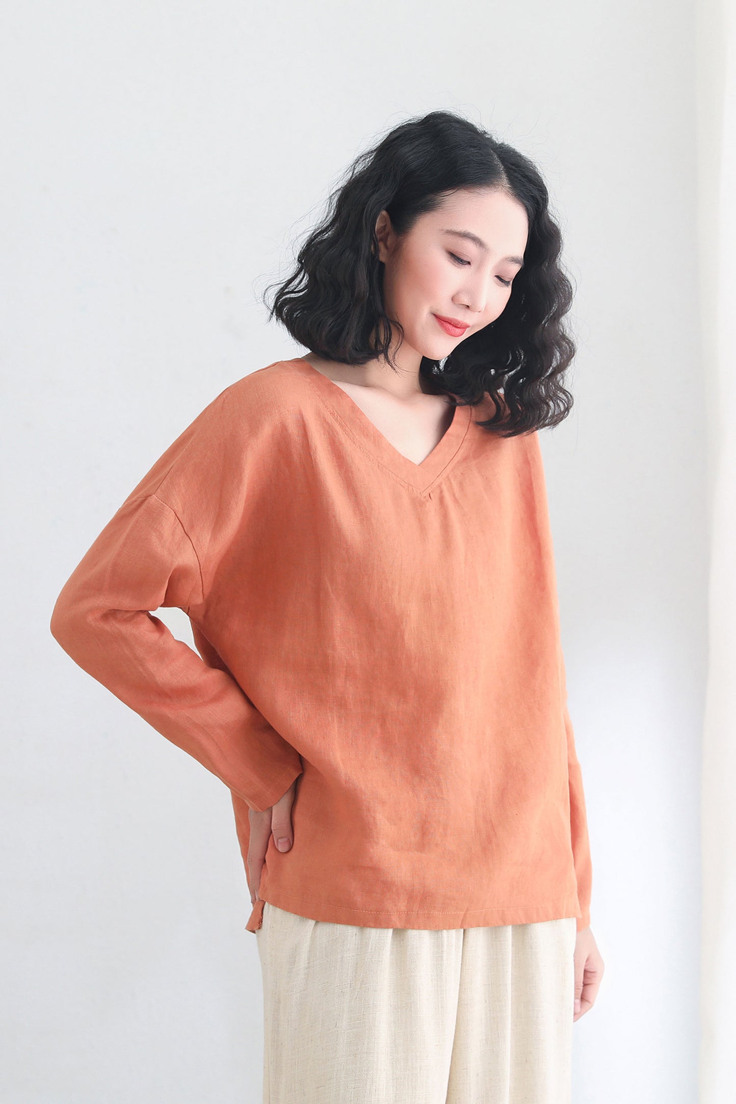 Orange Oversize Linen blouse Women C2695 -#CK2200455