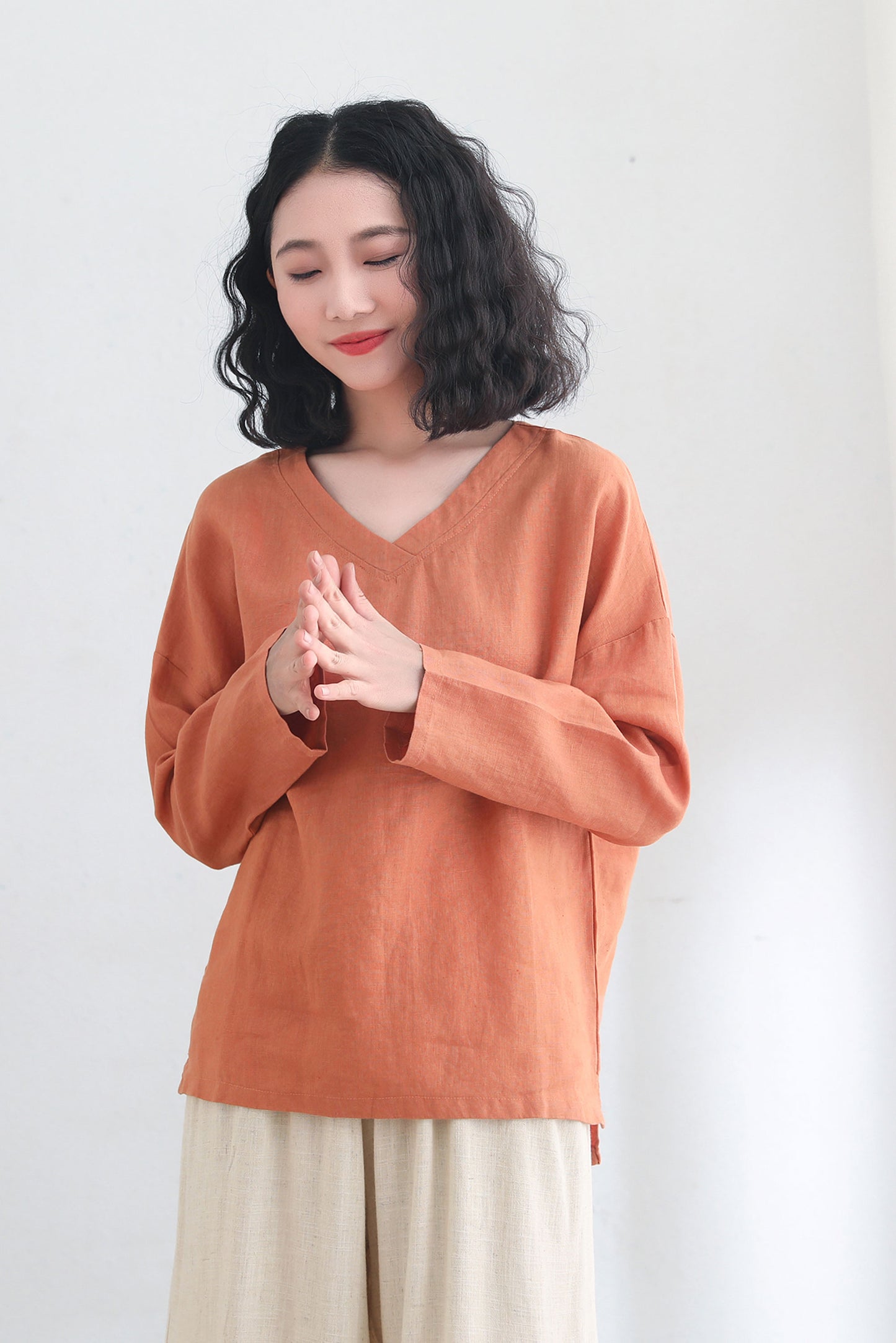 Orange Oversize Linen blouse Women C2695 -#CK2200455