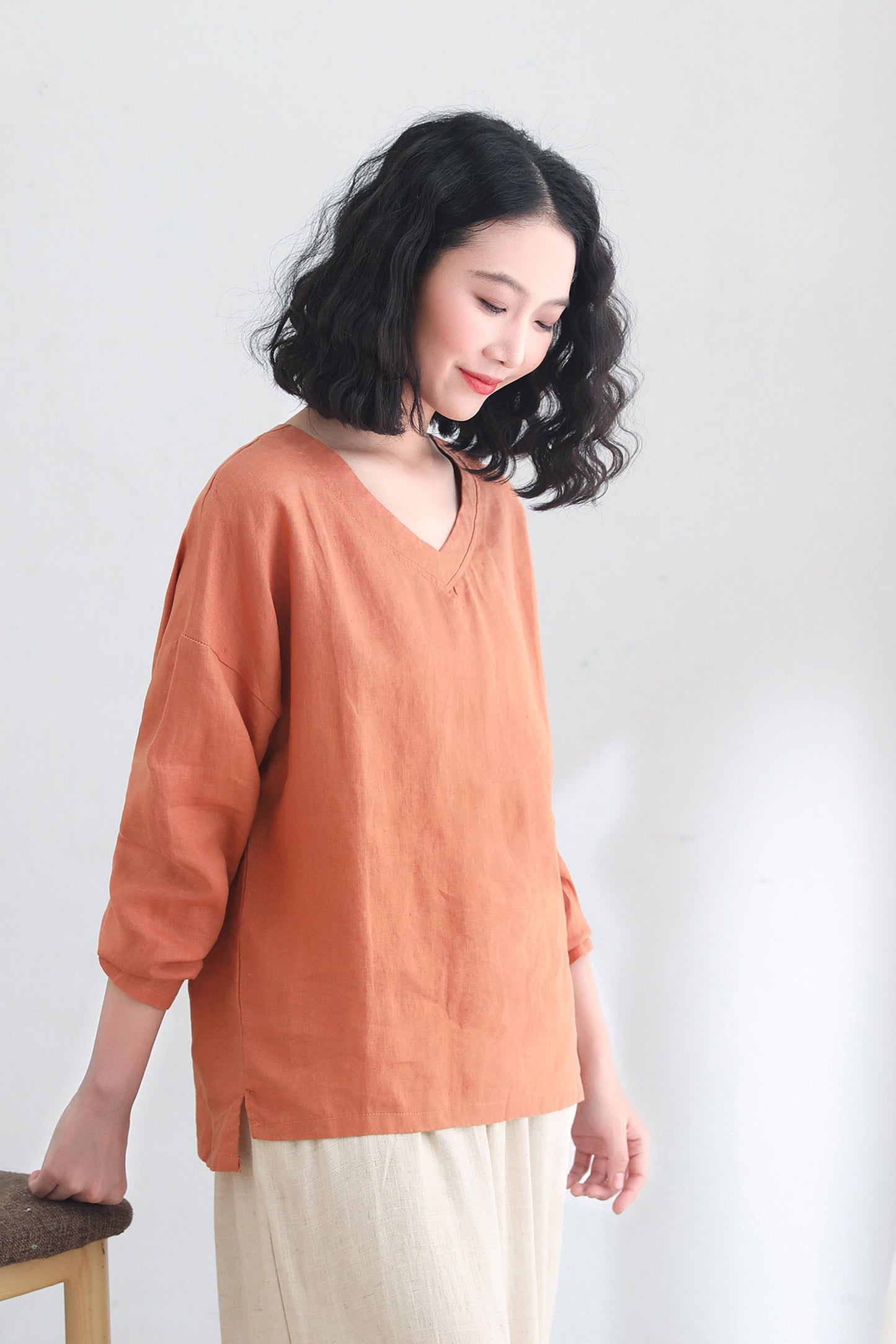 Orange Oversize Linen blouse Women C2695 -#CK2200455