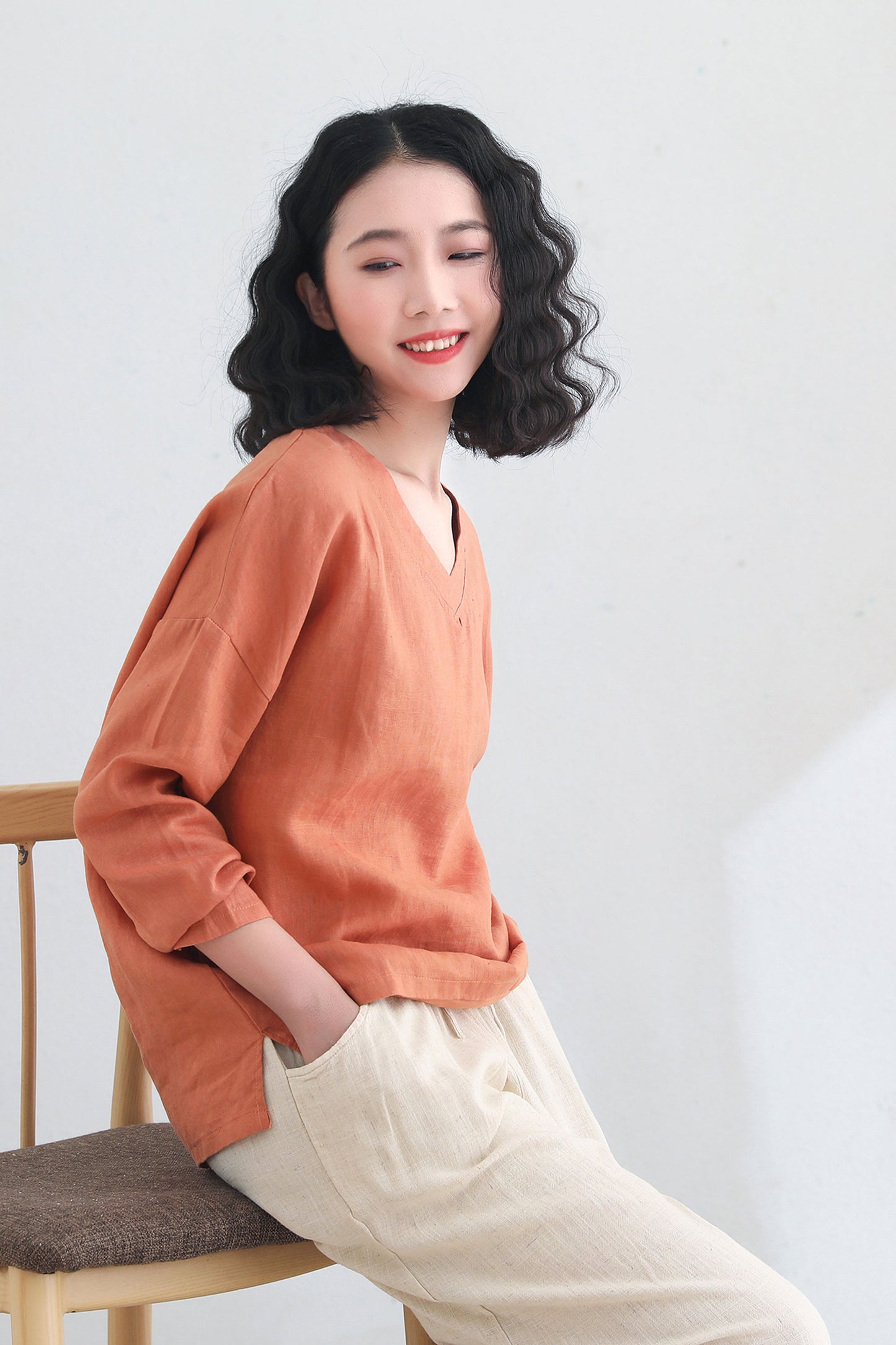 Orange Oversize Linen blouse Women C2695 -#CK2200455