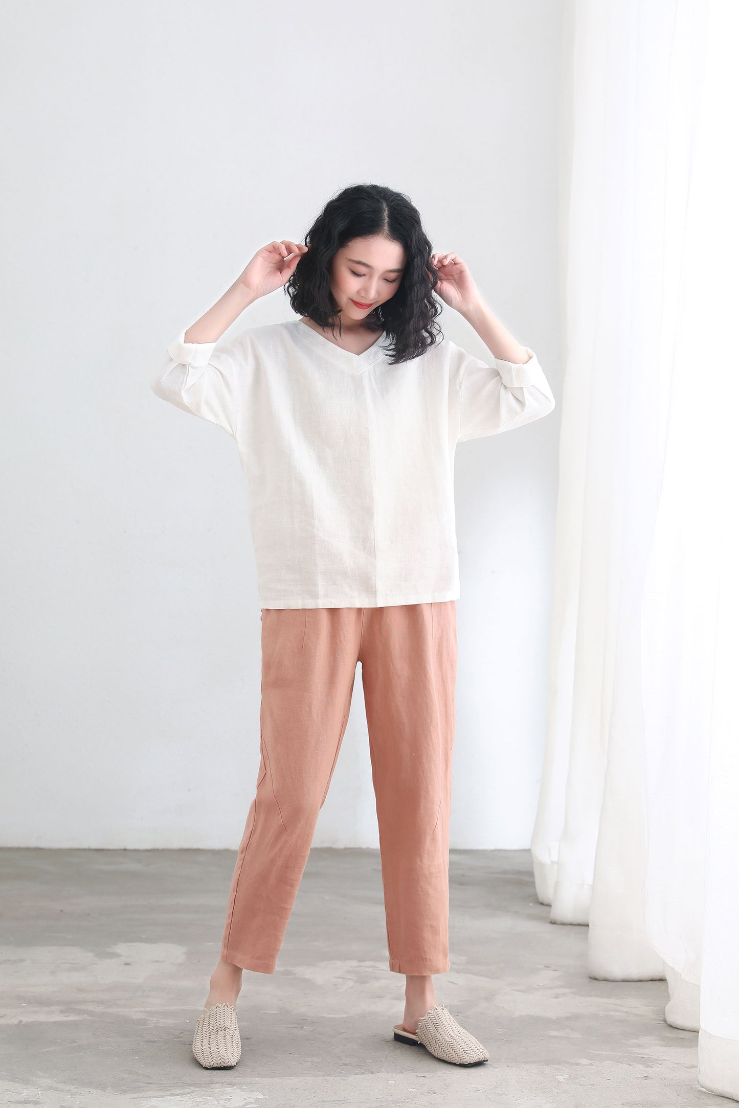 White Loose Fit Long Sleeve Linen Tops C2696