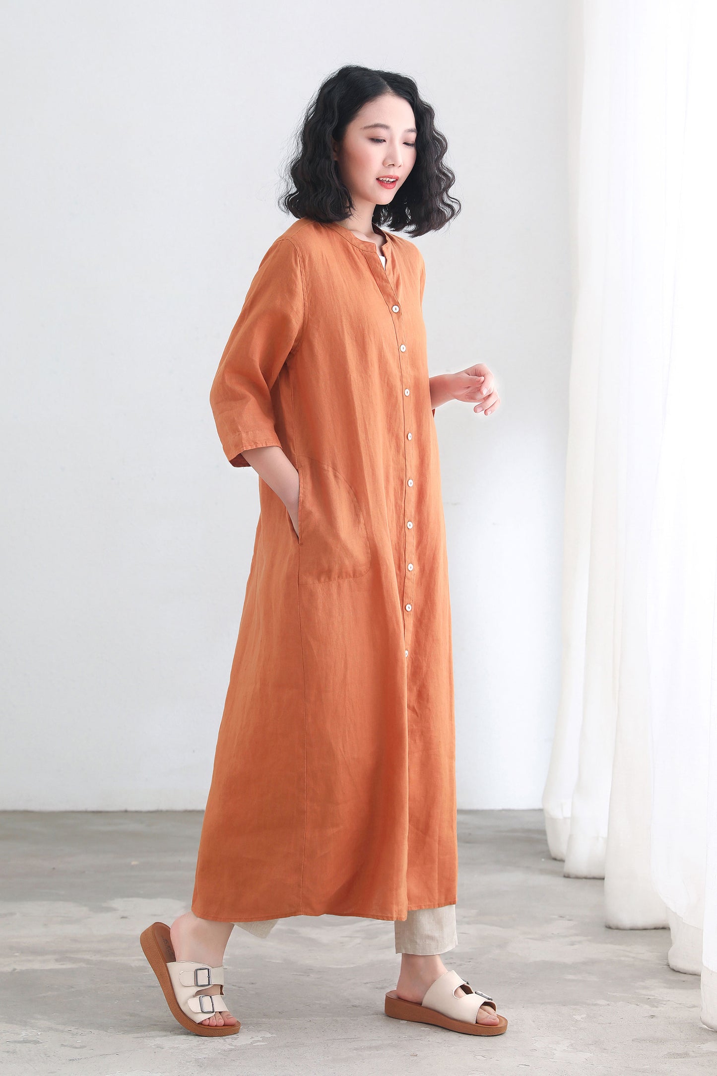 Orange V neckline 3/4 sleeve linen shirt dress C2697