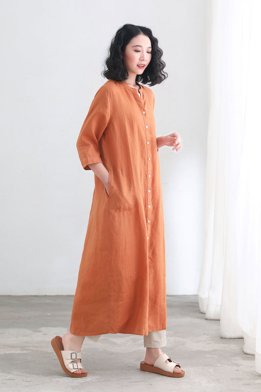 Orange Linen Shirt Dress - V-Neckline, 3/4 Sleeve, Oversized Fit C2697